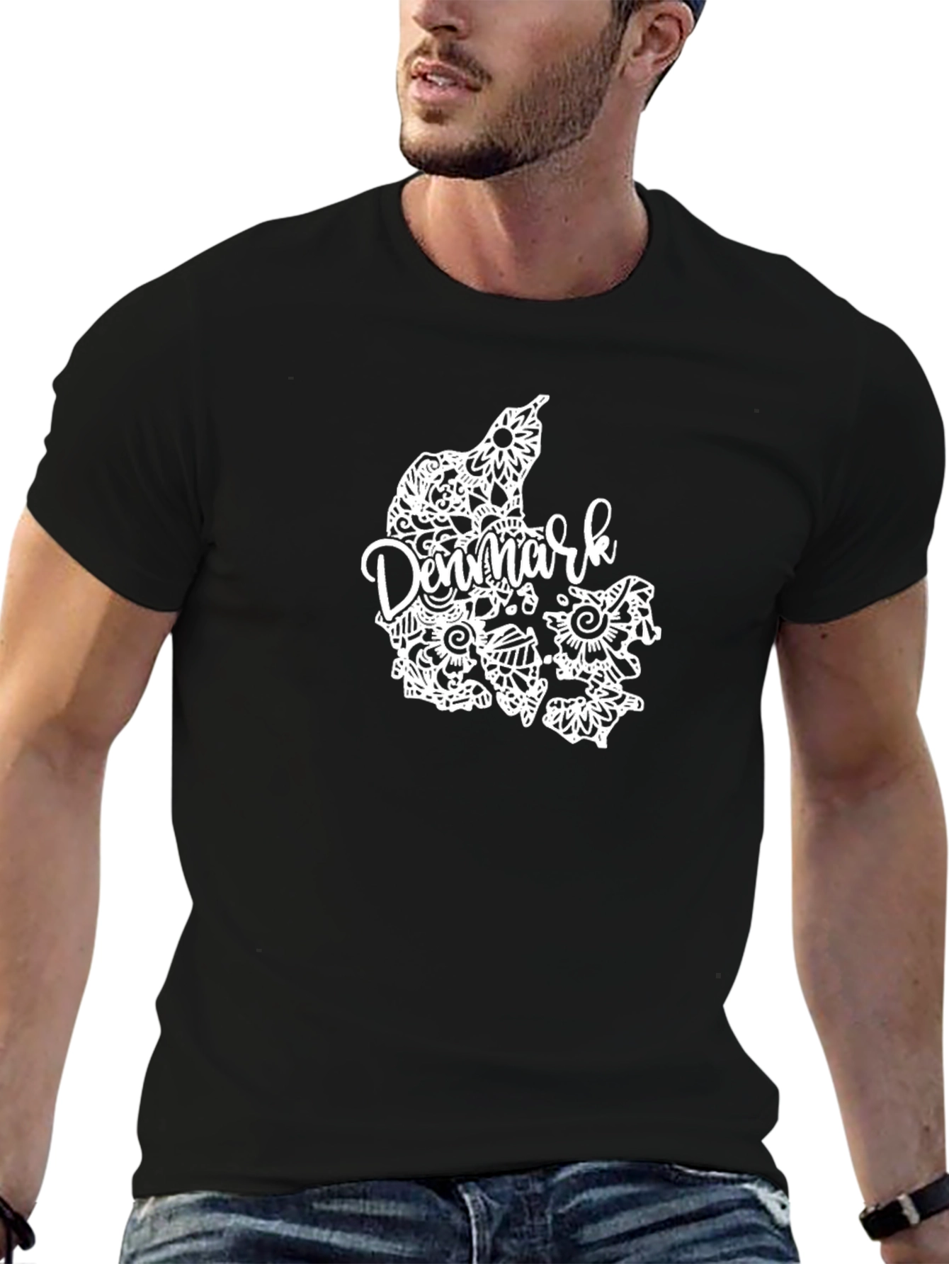 Denmark Map Floral Design Black T-Shirt
