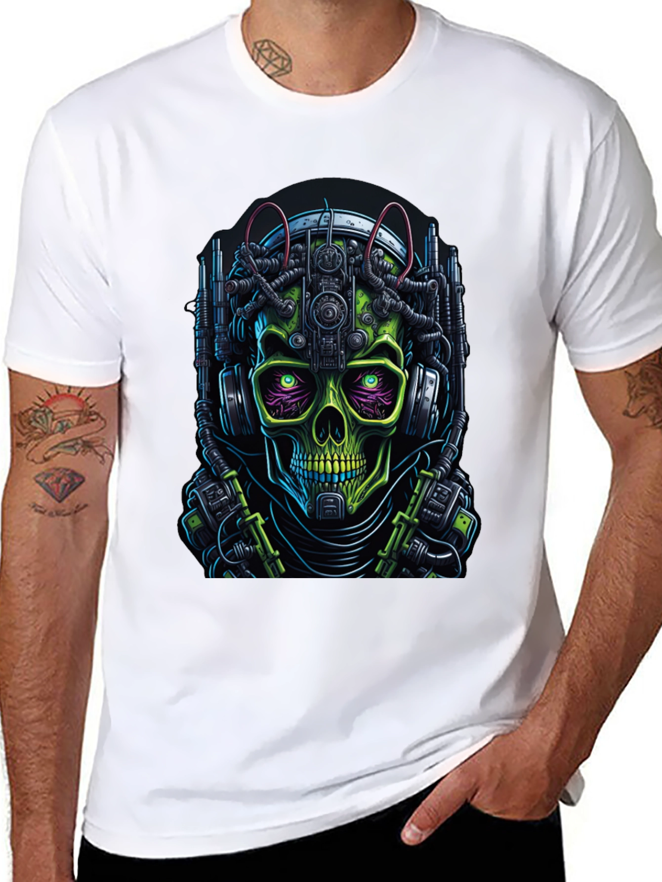 Cyberpunk Skull Graphic Tee - Futuristic Skeleton Shirt