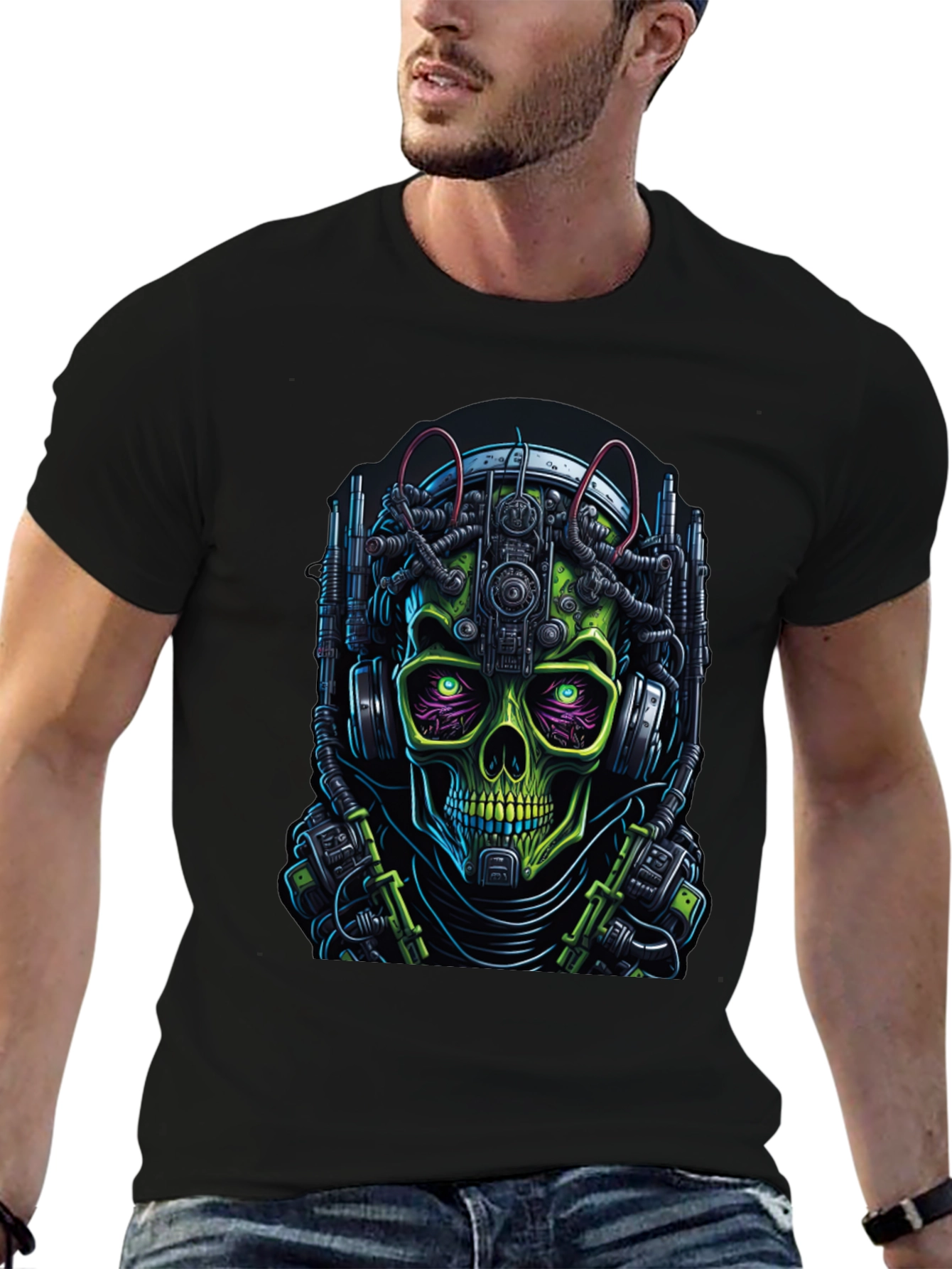 Cyberpunk Skull Graphic Tee - Futuristic Skeleton Shirt