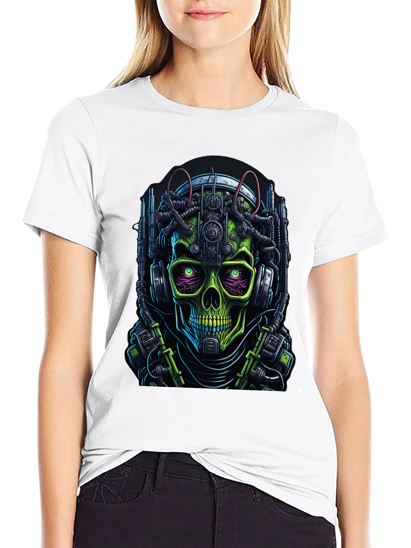 Cyberpunk Skull Graphic Tee - Futuristic Skeleton Shirt
