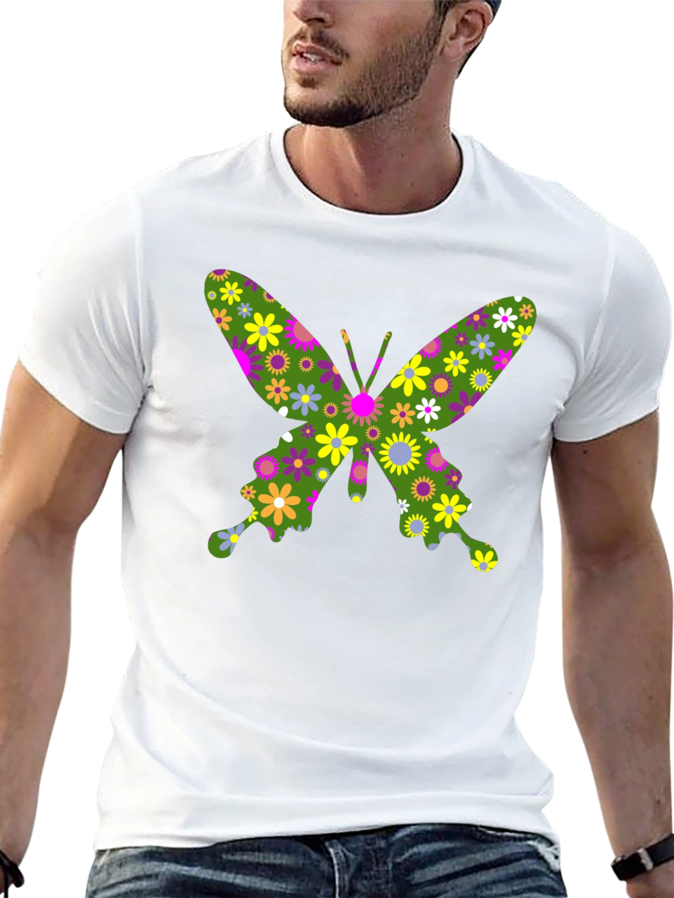 Floral Butterfly Graphic T-Shirt - Black Cotton Tee