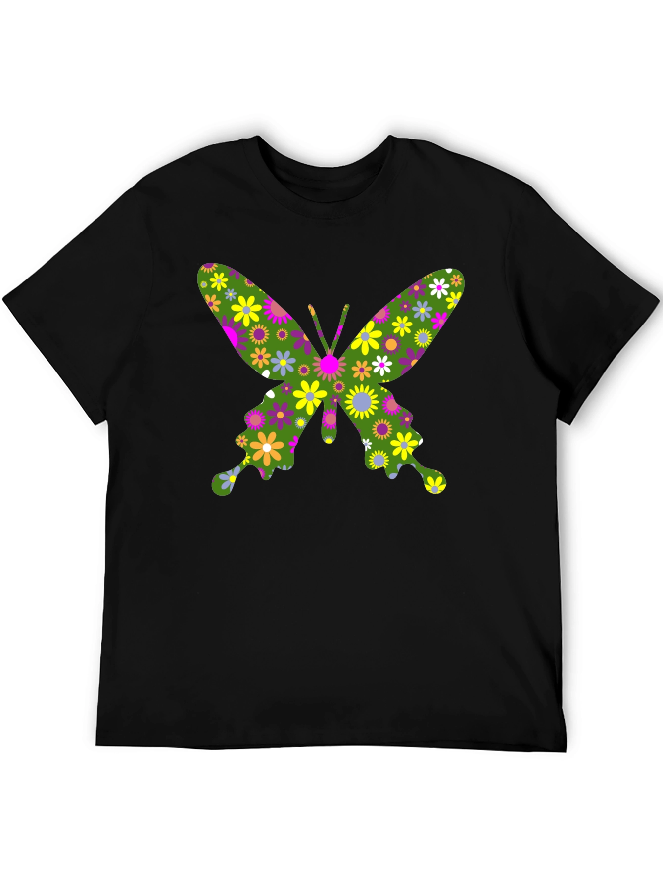 Floral Butterfly Graphic T-Shirt - Black Cotton Tee