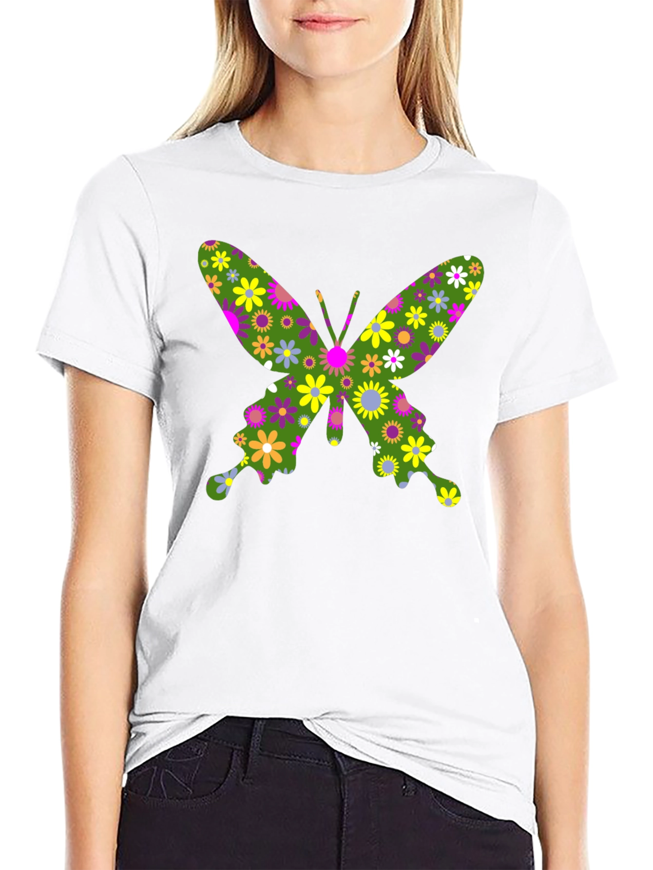 Floral Butterfly Graphic T-Shirt - Black Cotton Tee