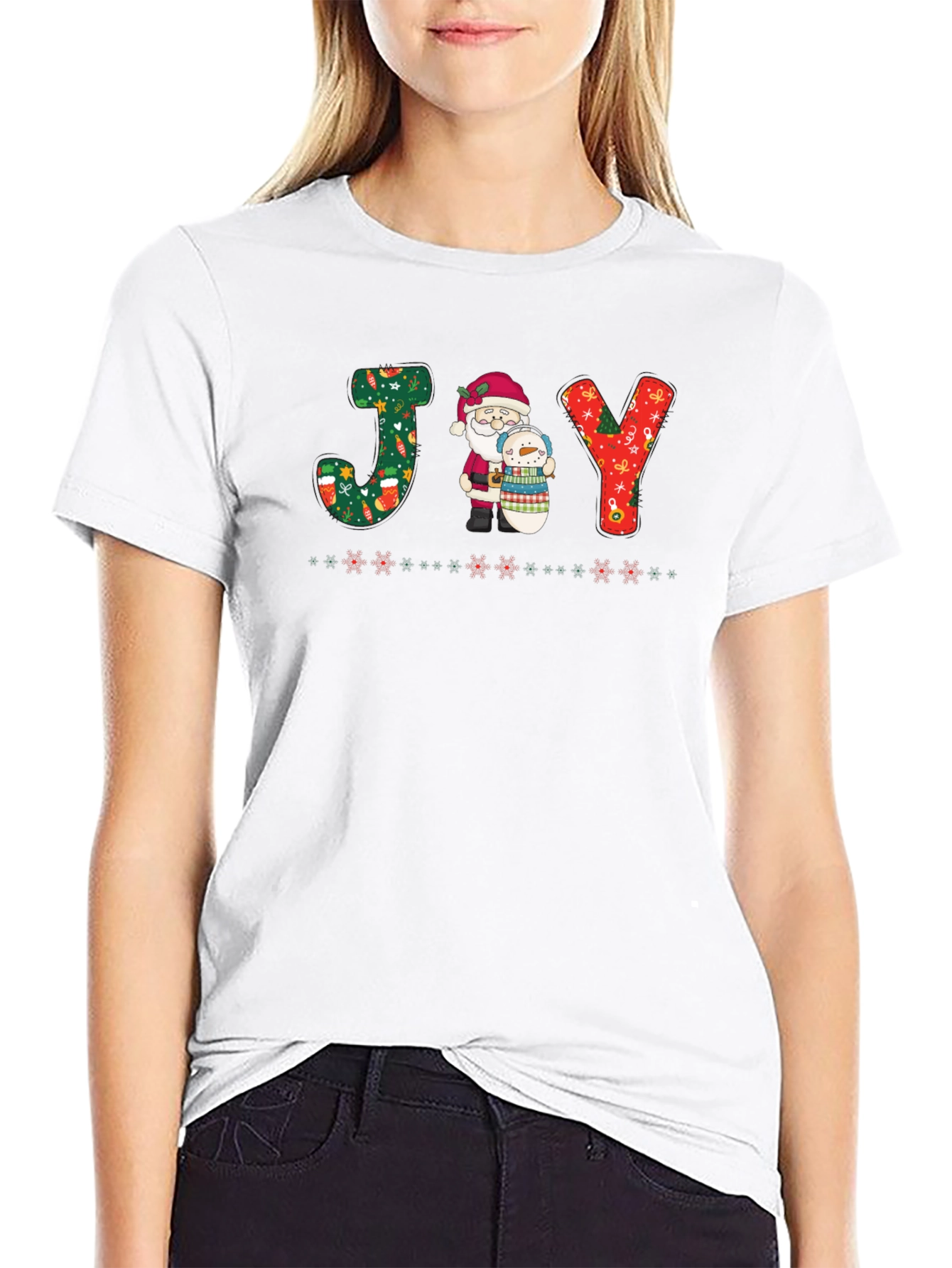 JOY Santa & Snowman Christmas Graphic T-Shirt