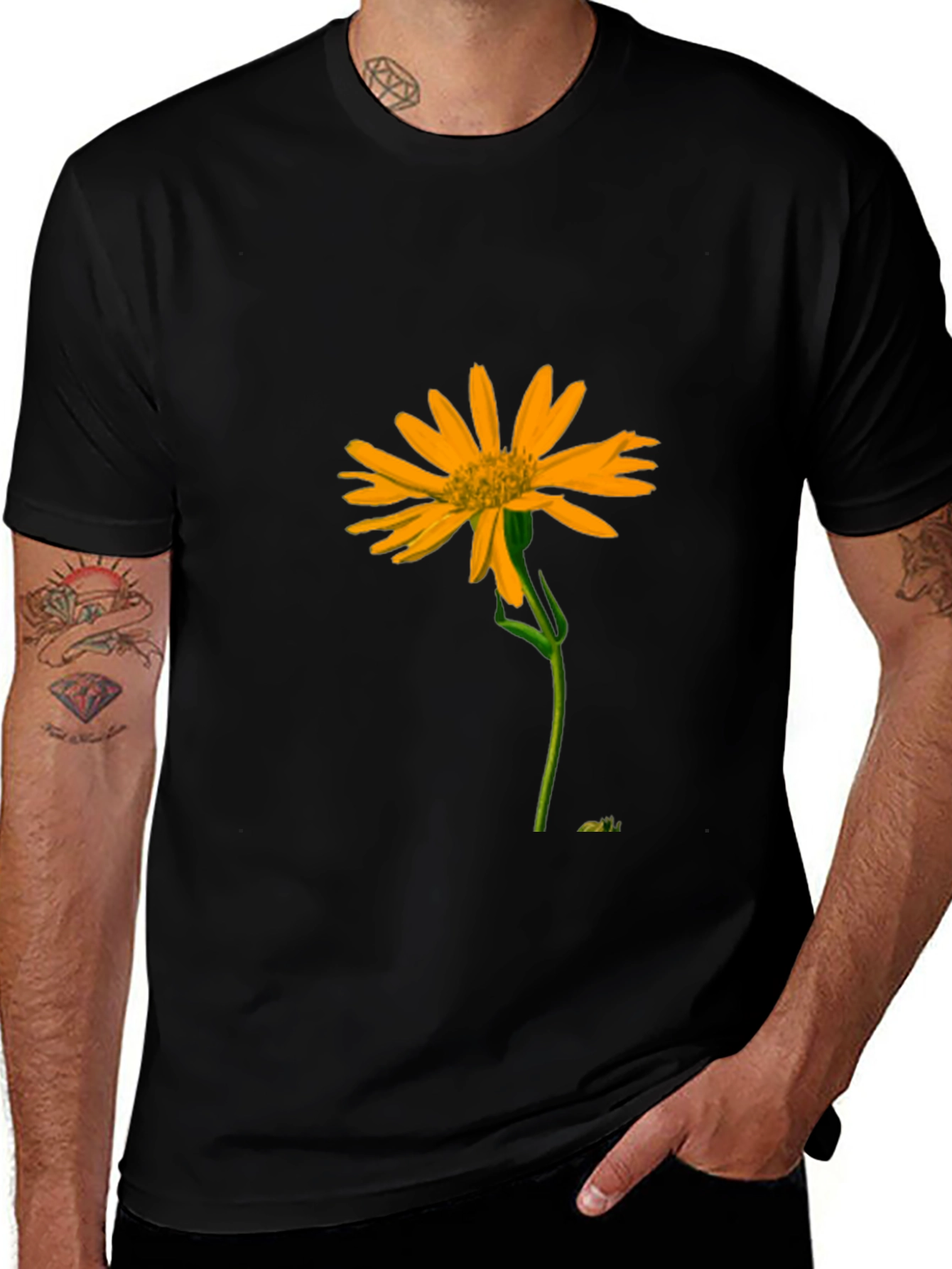 Black T-Shirt with Vibrant Yellow Flower Graphic