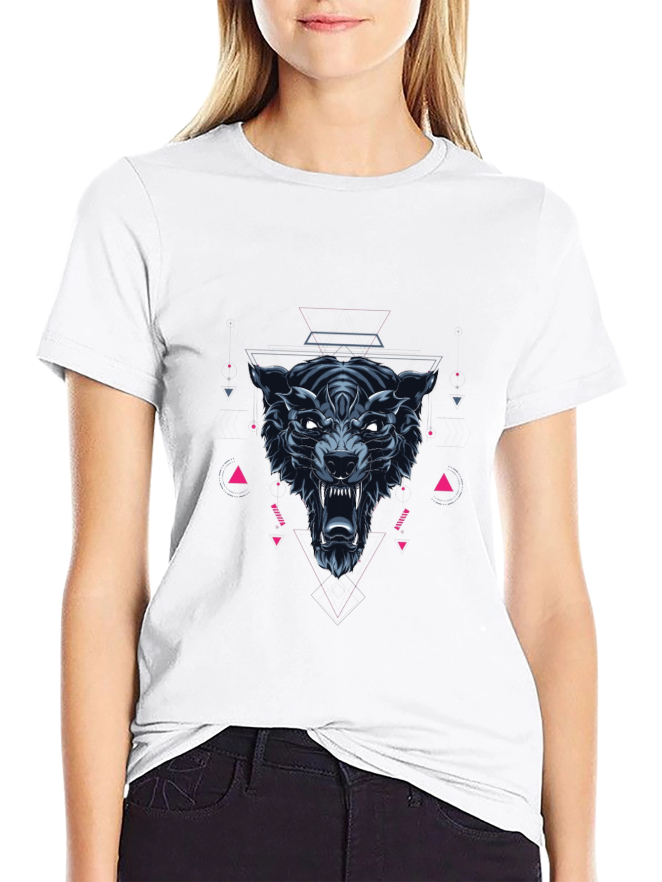 Geometric Wolf Graphic Print Black T-Shirt