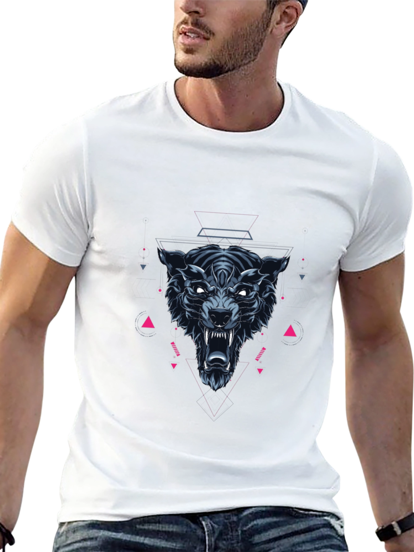 Geometric Wolf Graphic Print Black T-Shirt