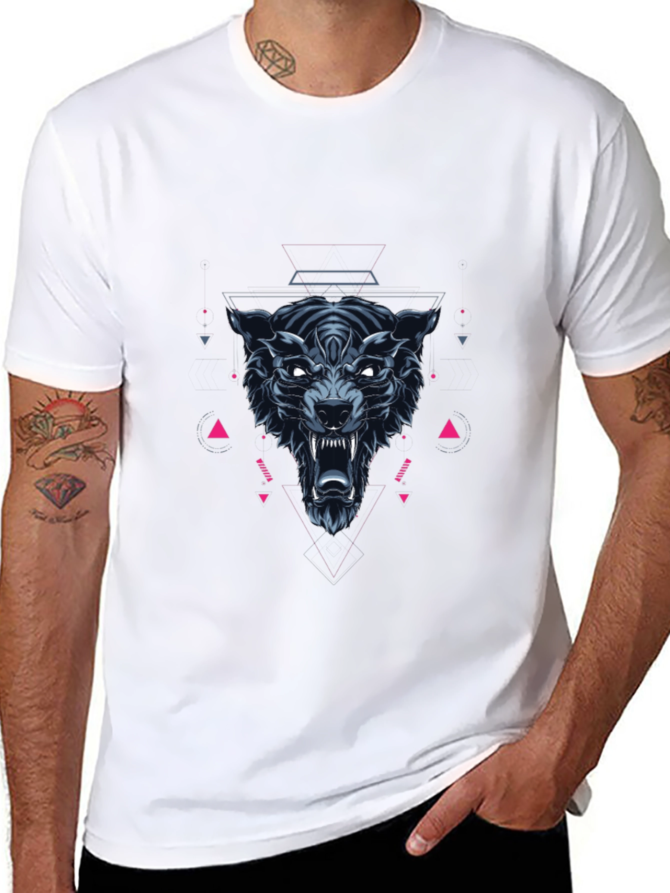 Geometric Wolf Graphic Print Black T-Shirt