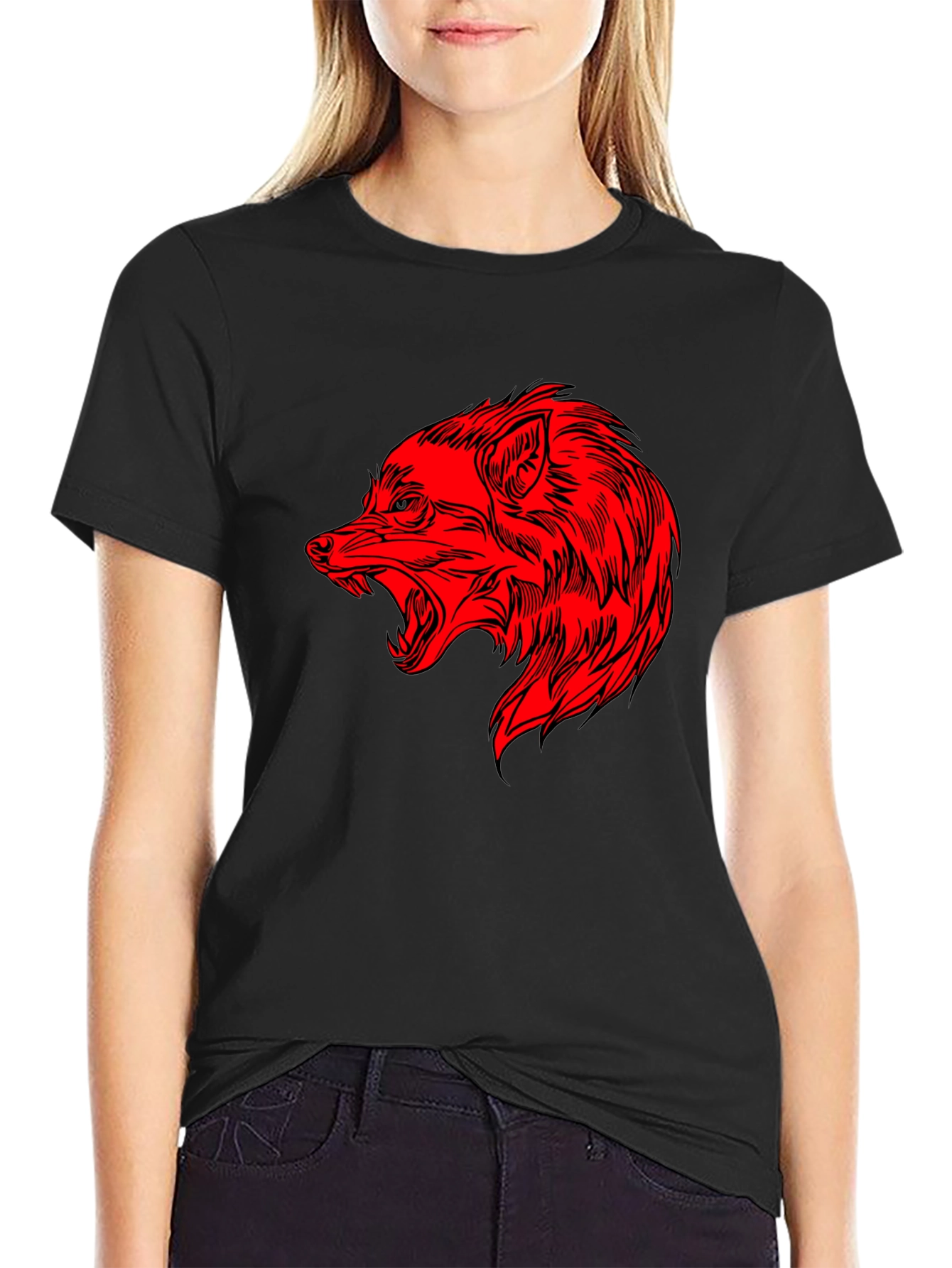 Mens Black T-Shirt with Red Wolf Graphic