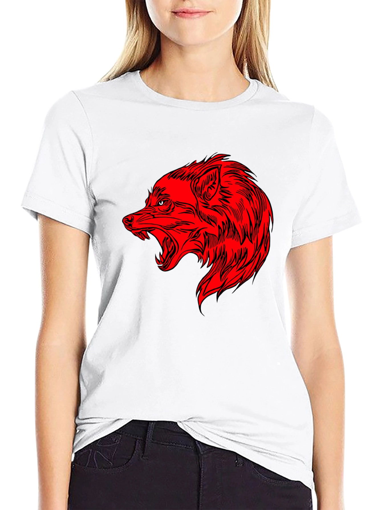 Mens Black T-Shirt with Red Wolf Graphic