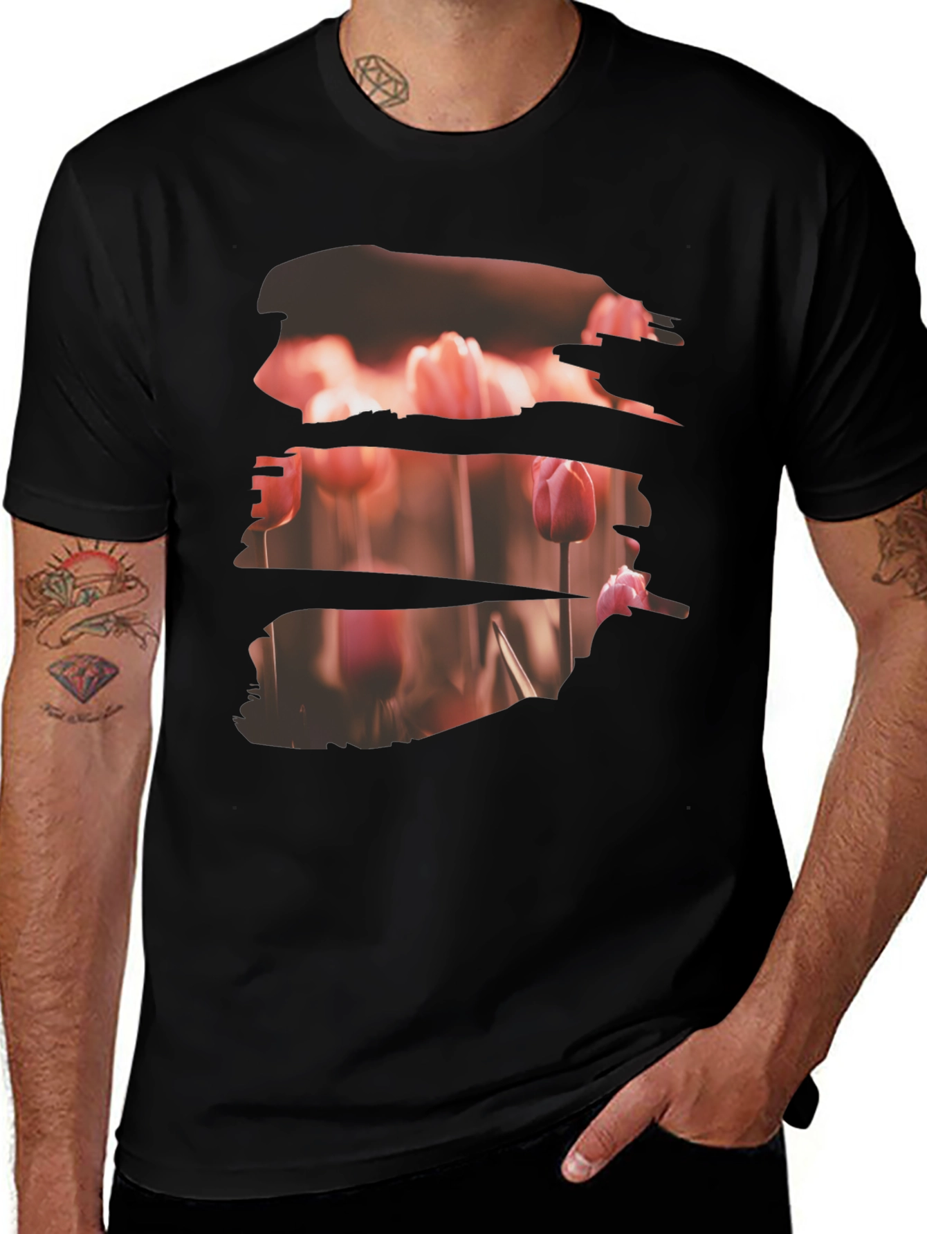 Tulip Field Print Black T-Shirt