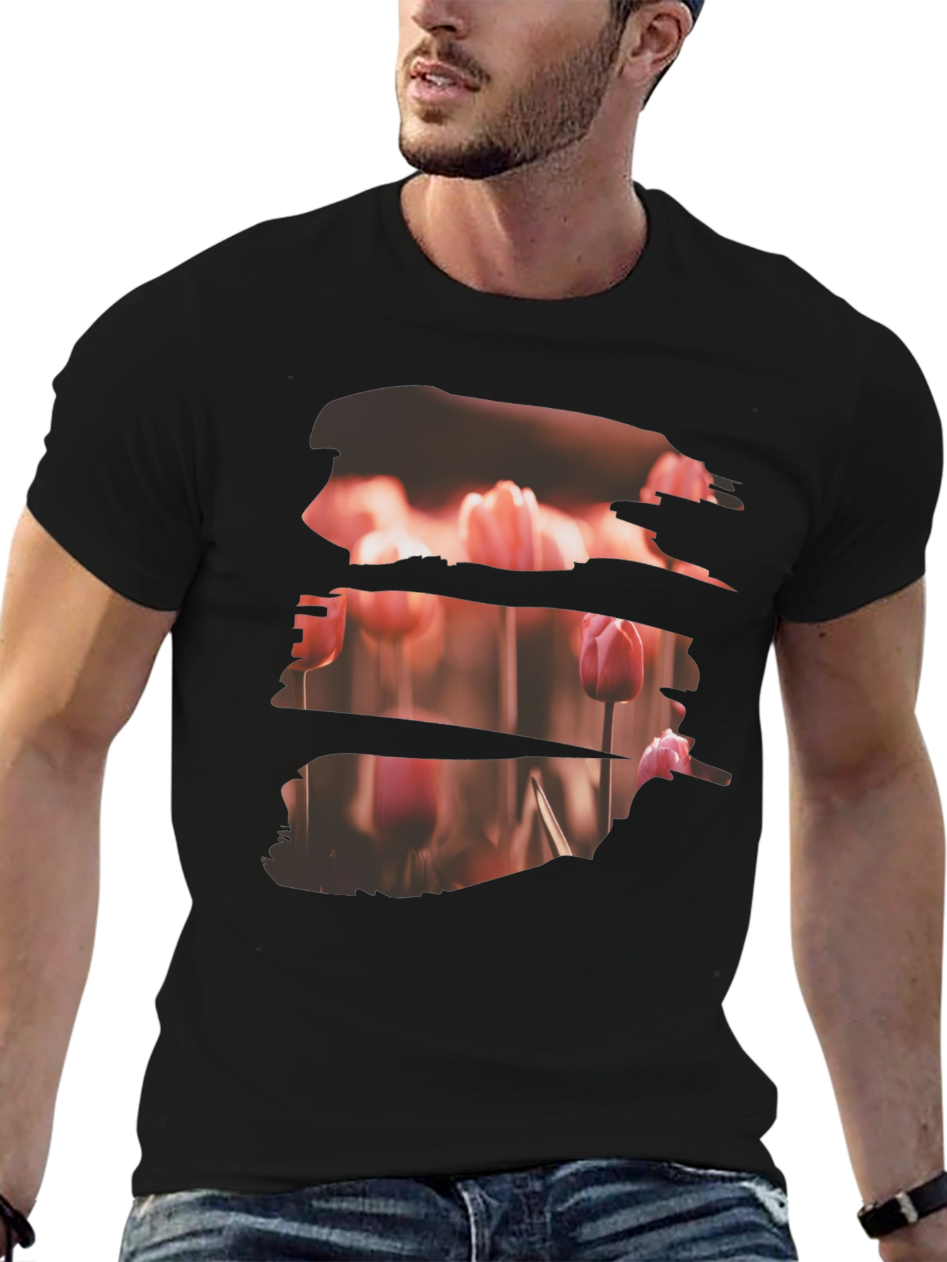 Tulip Field Print Black T-Shirt