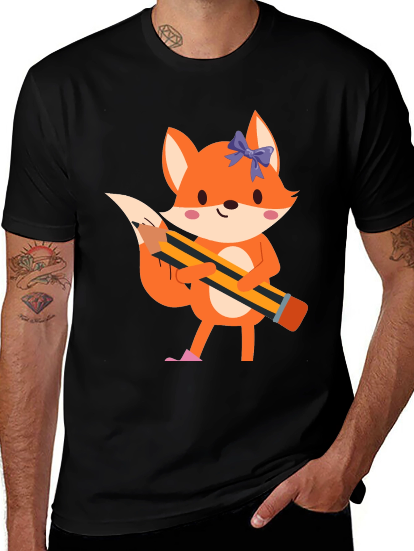 Fox with Pencil Graphic Tee - Black