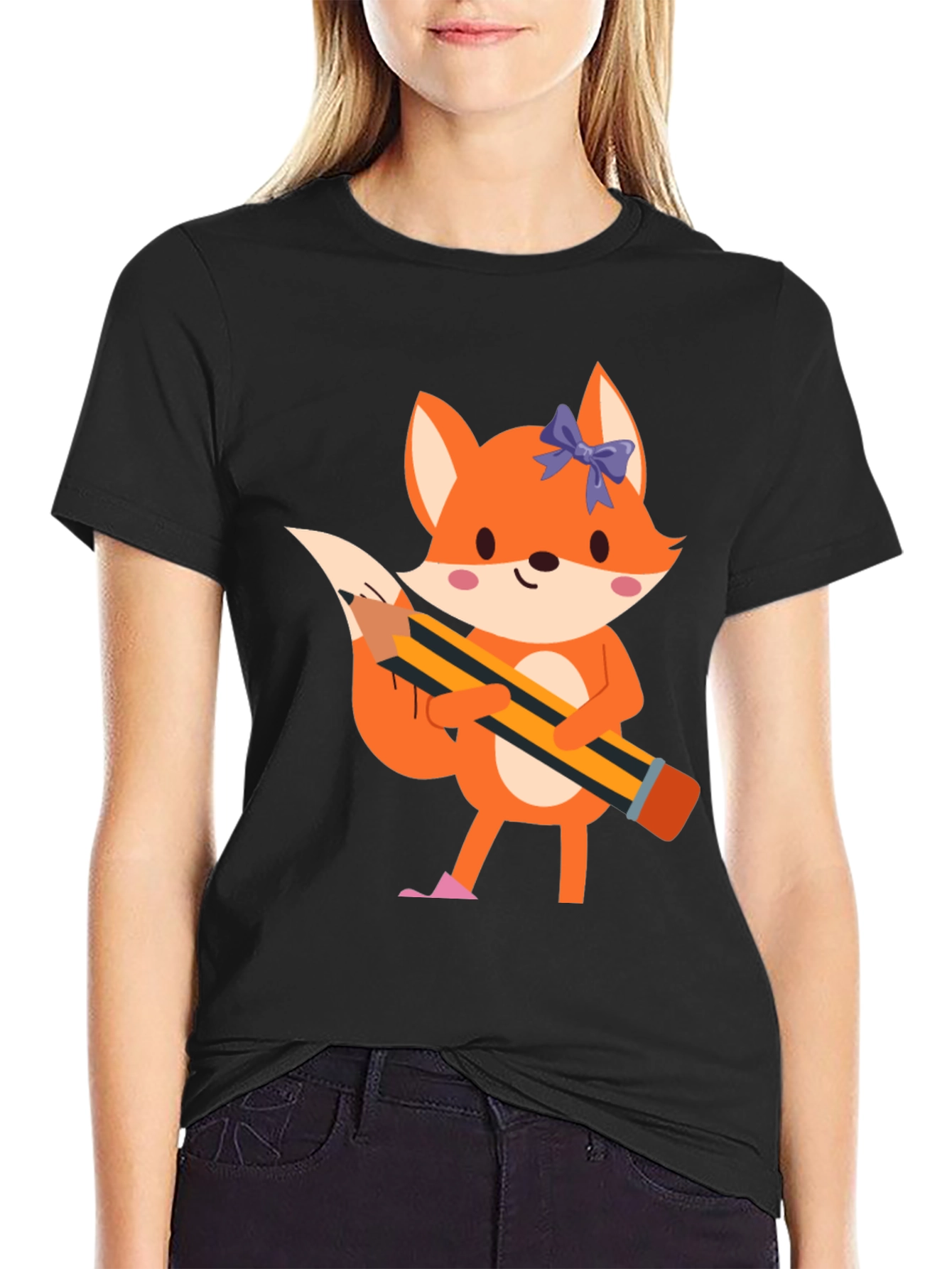 Fox with Pencil Graphic Tee - Black