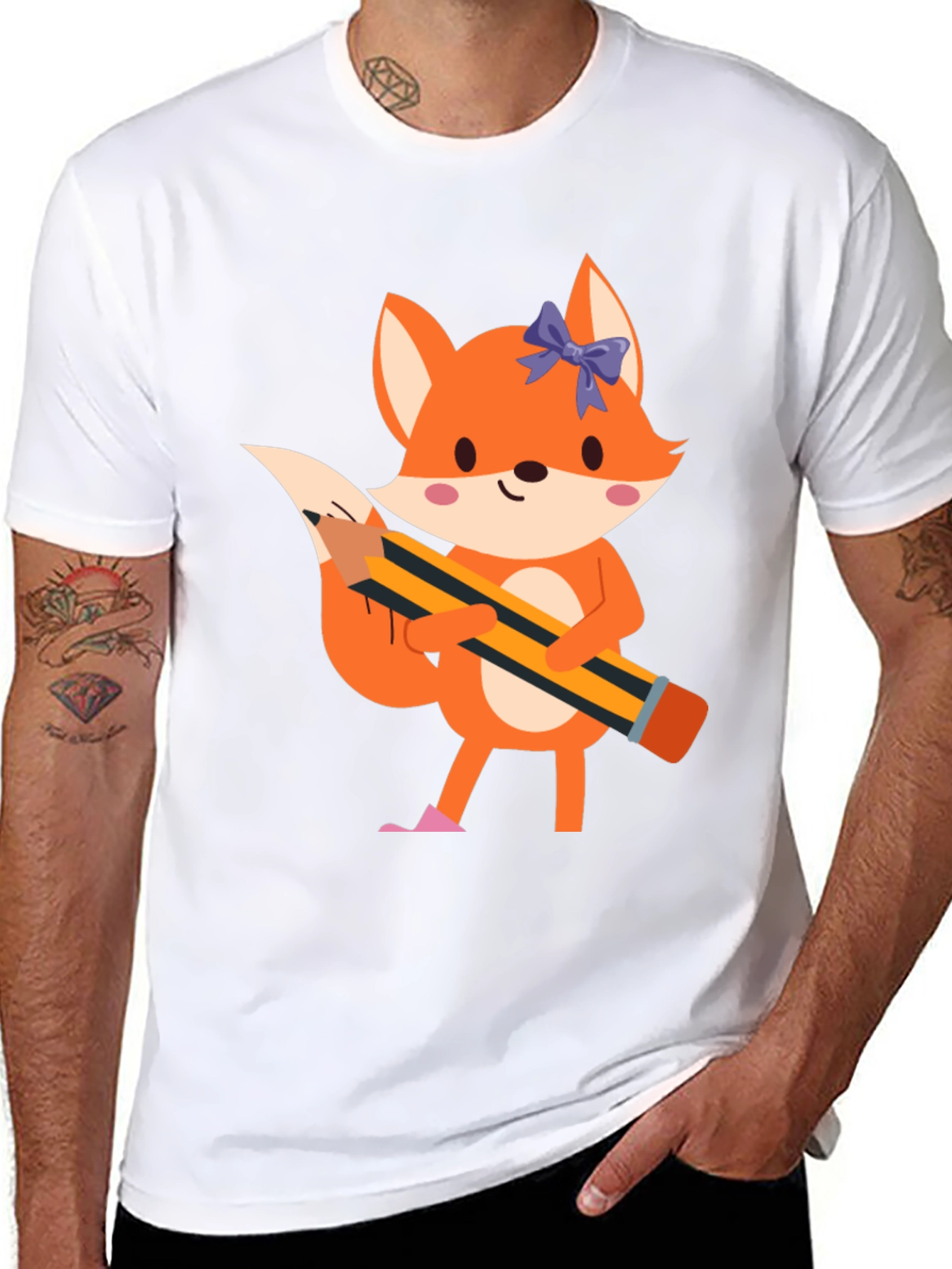 Fox with Pencil Graphic Tee - Black