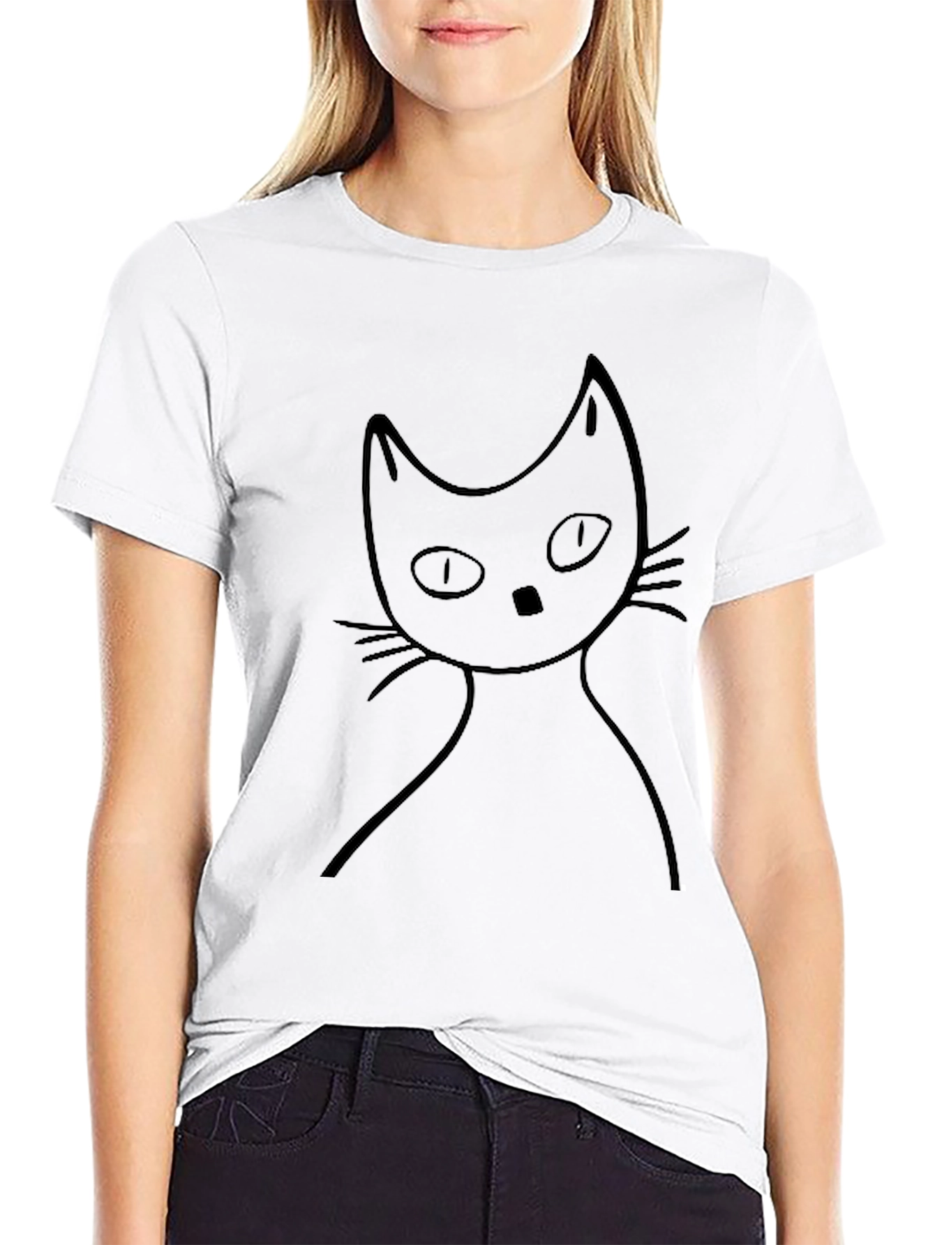 Black Cat Outline Graphic Tee - Casual Style