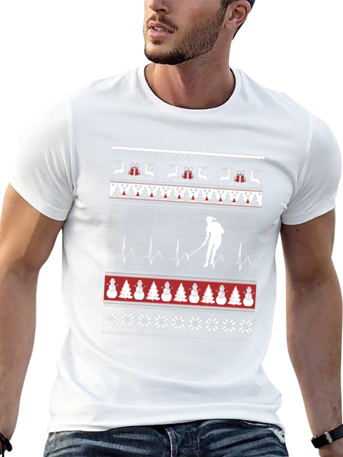 Festive Hockey Player Ugly Christmas T-Shirt