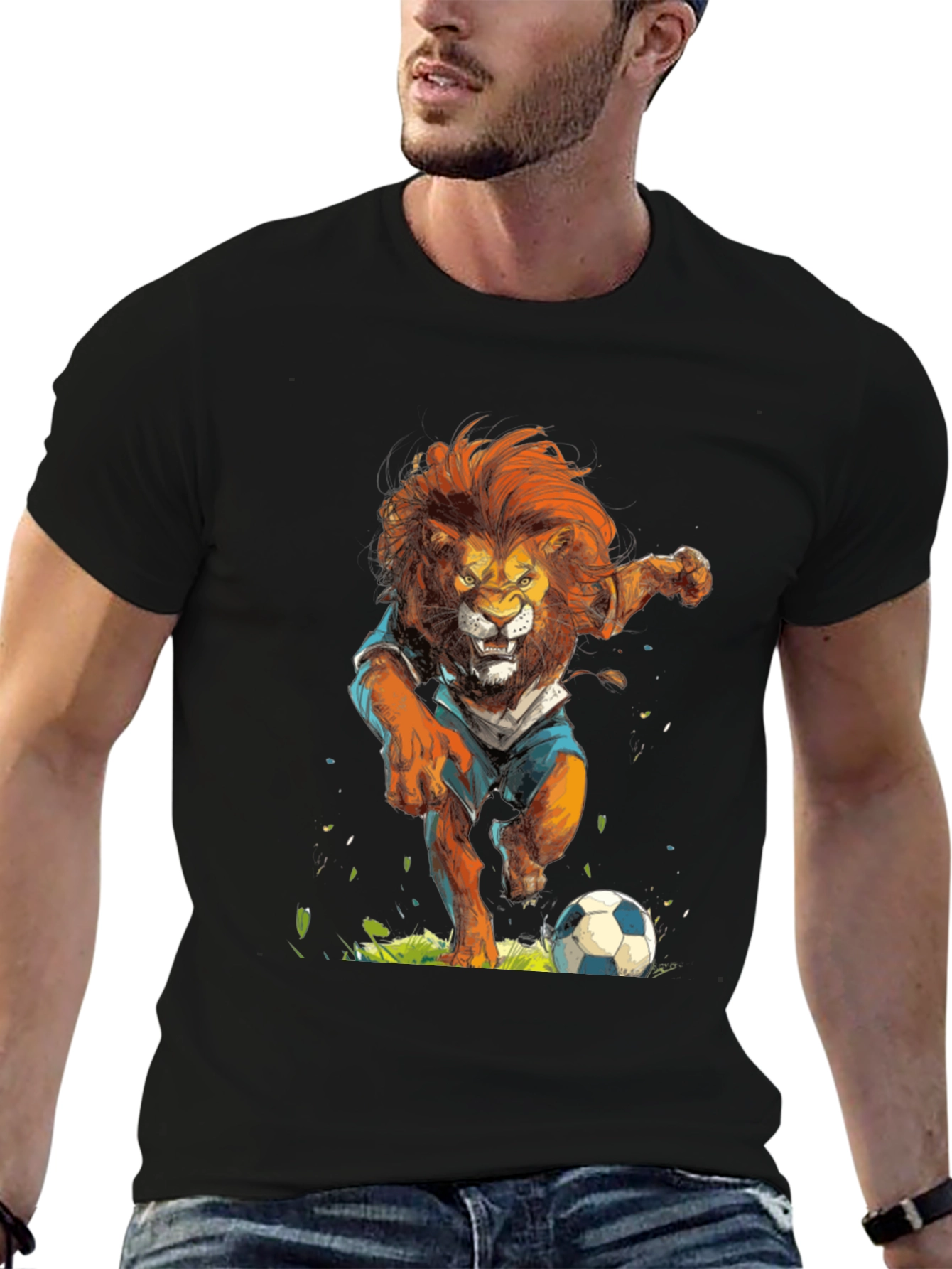 Lion Soccer T-Shirt - Black Graphic Tee