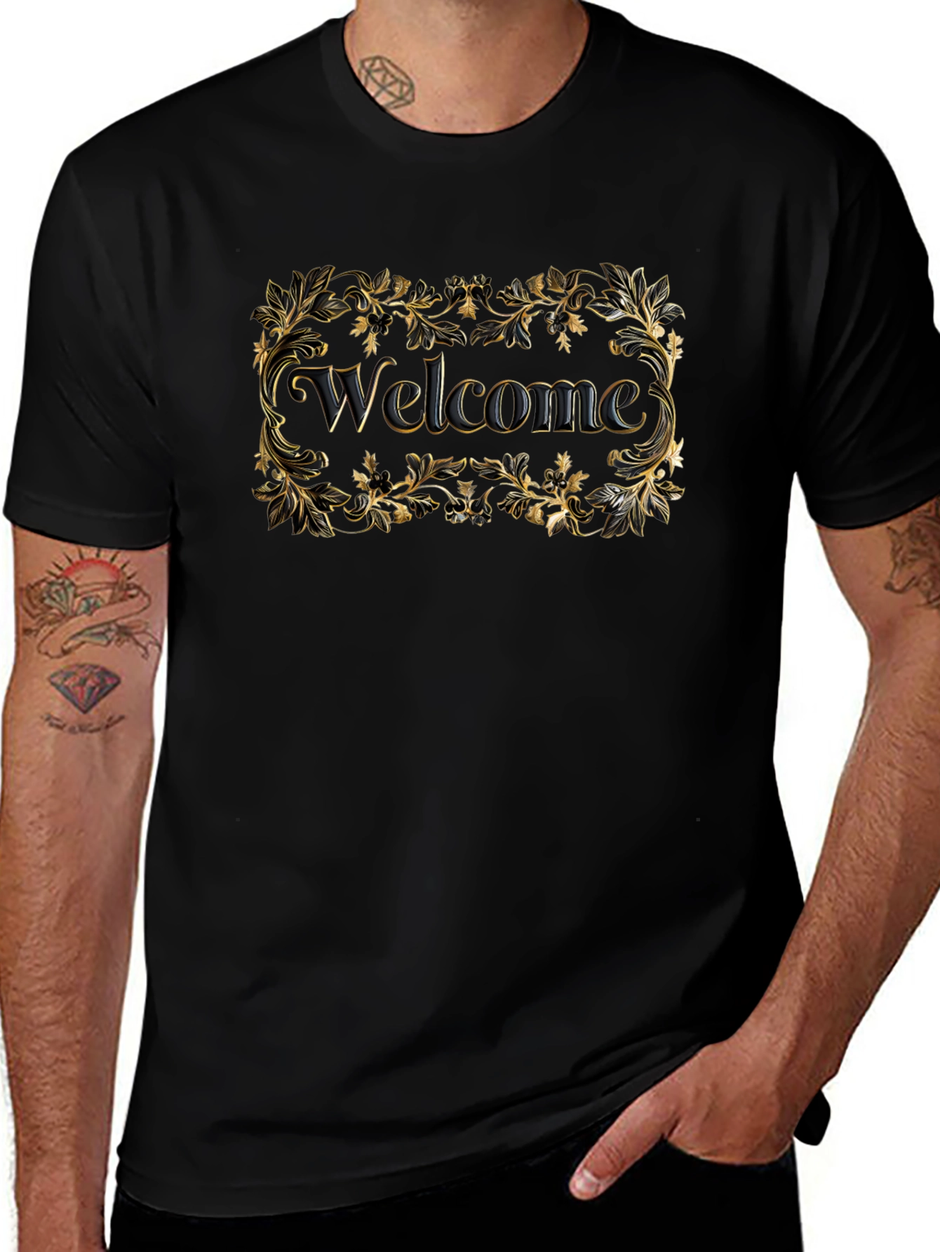 Welcome Black T-Shirt Gold Floral