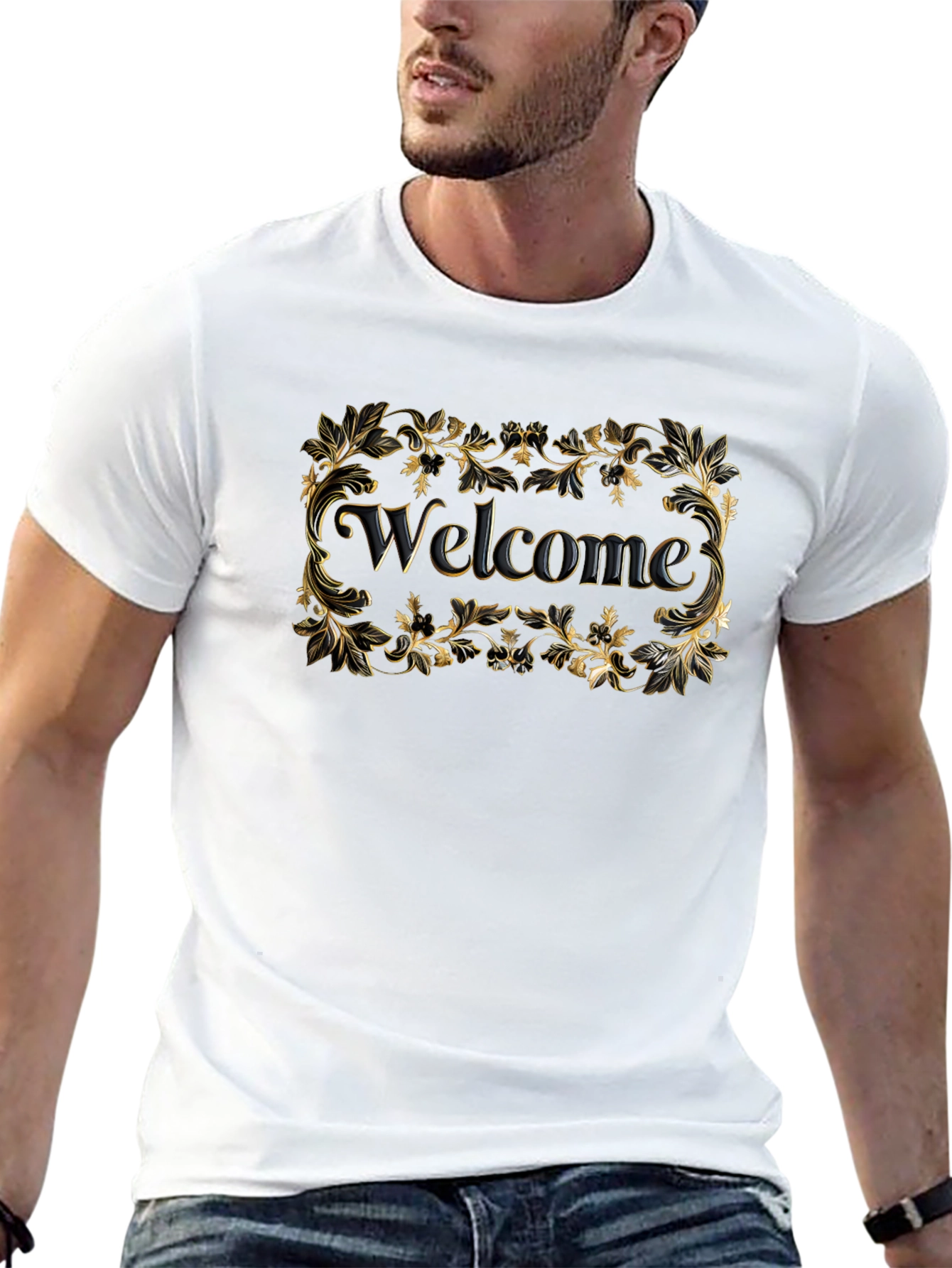 Welcome Black T-Shirt Gold Floral