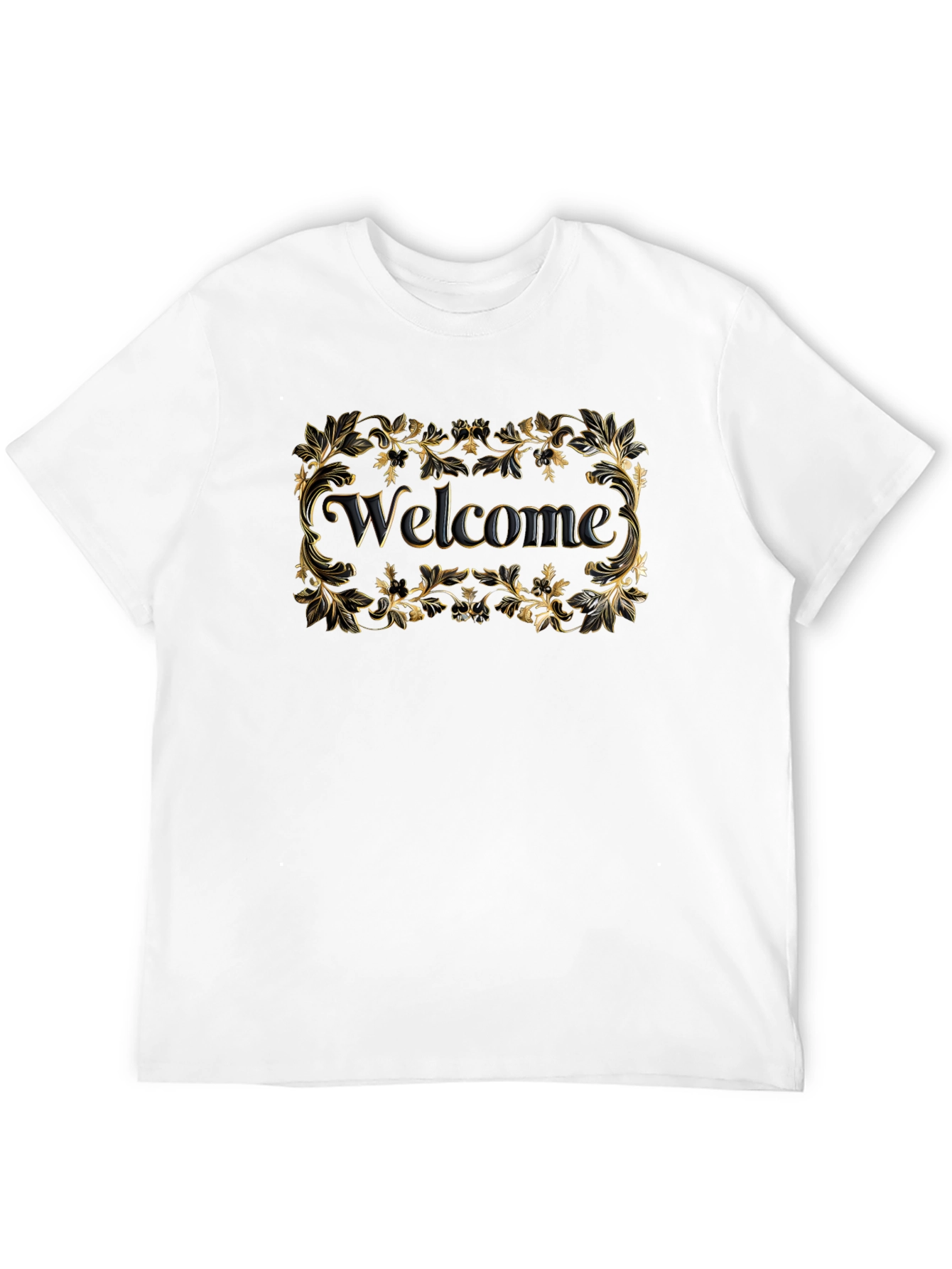 Welcome Black T-Shirt Gold Floral