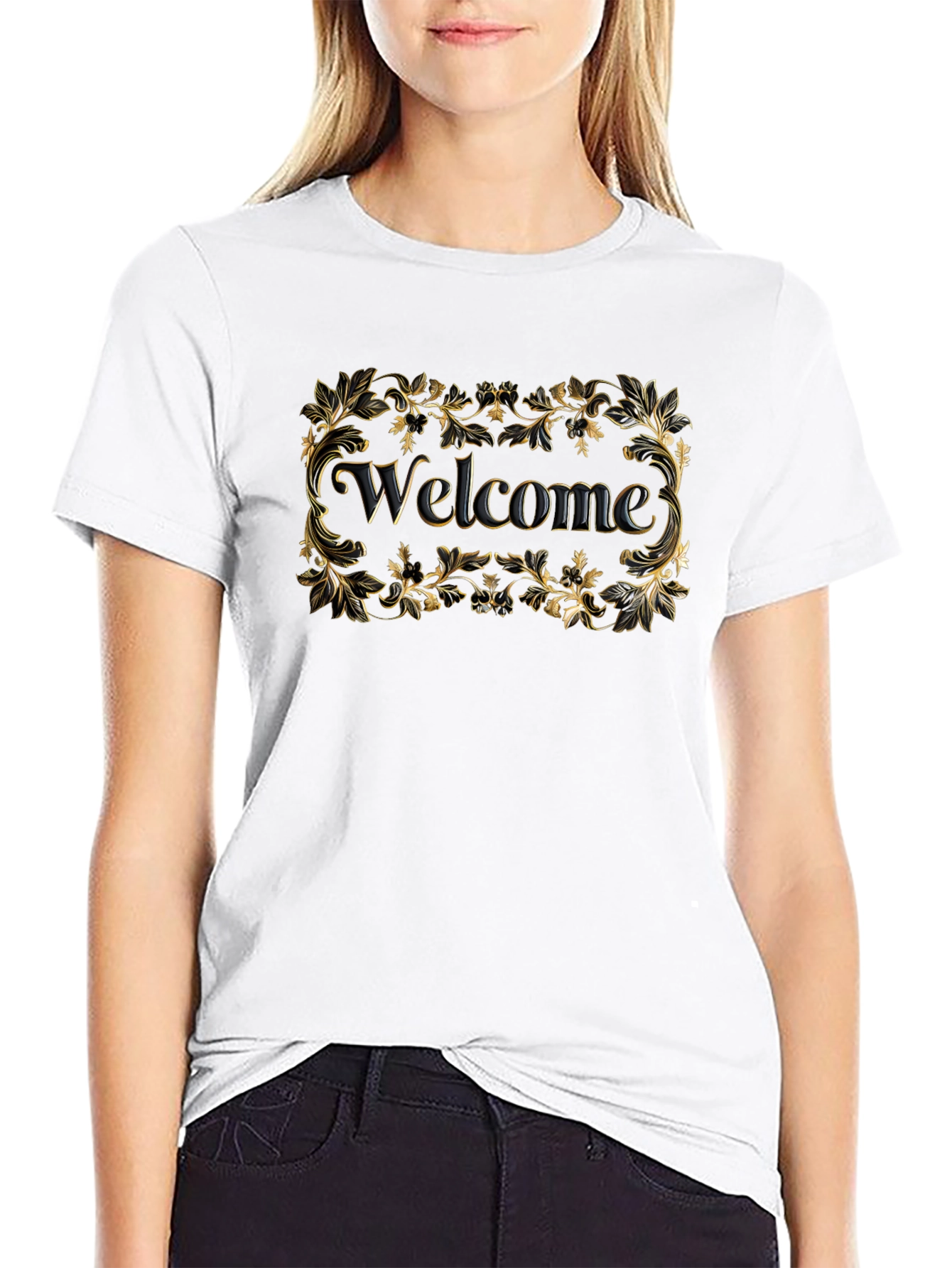 Welcome Black T-Shirt Gold Floral