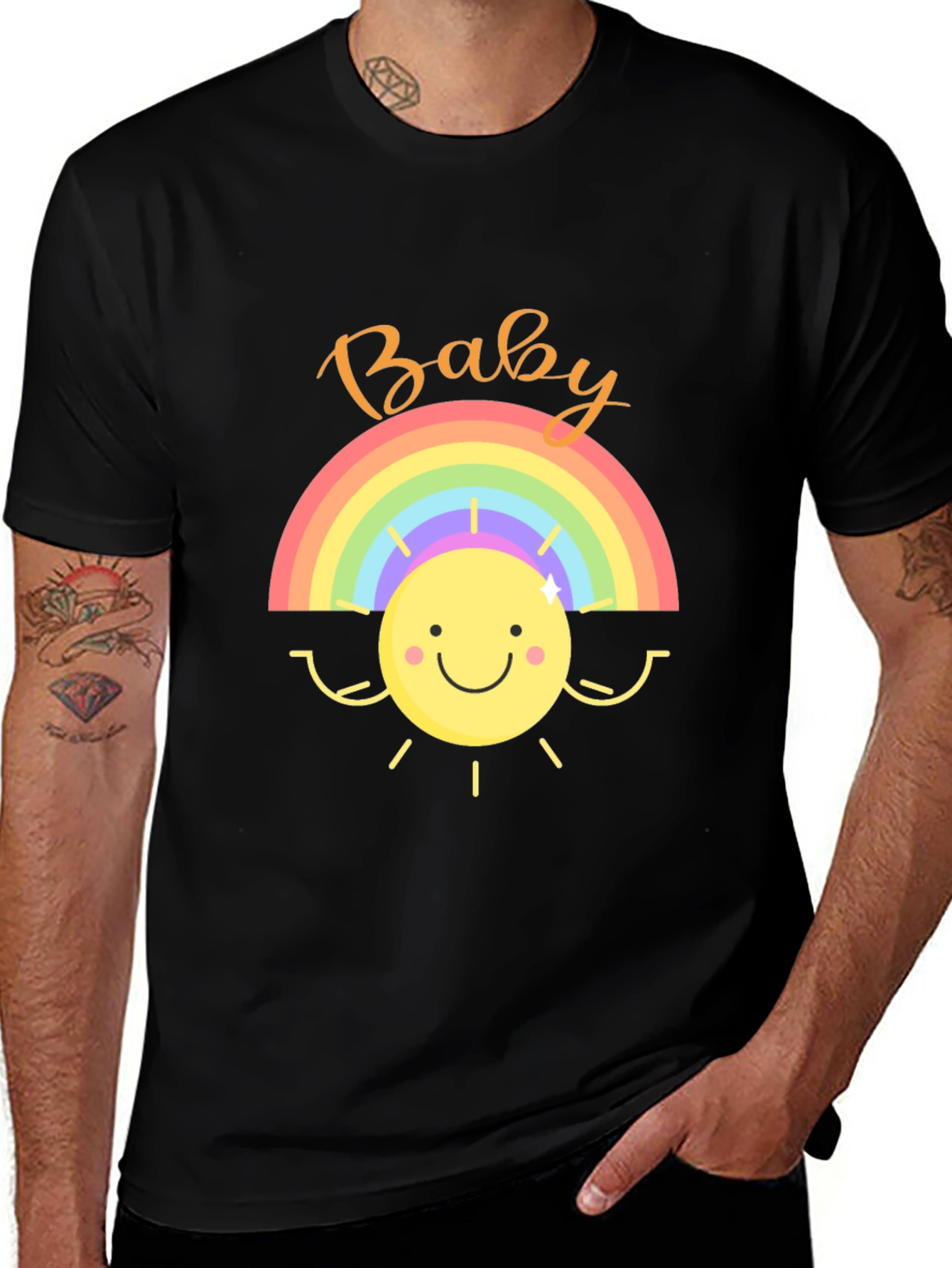 Baby Rainbow Sun Graphic Tee - Black Cotton Shirt