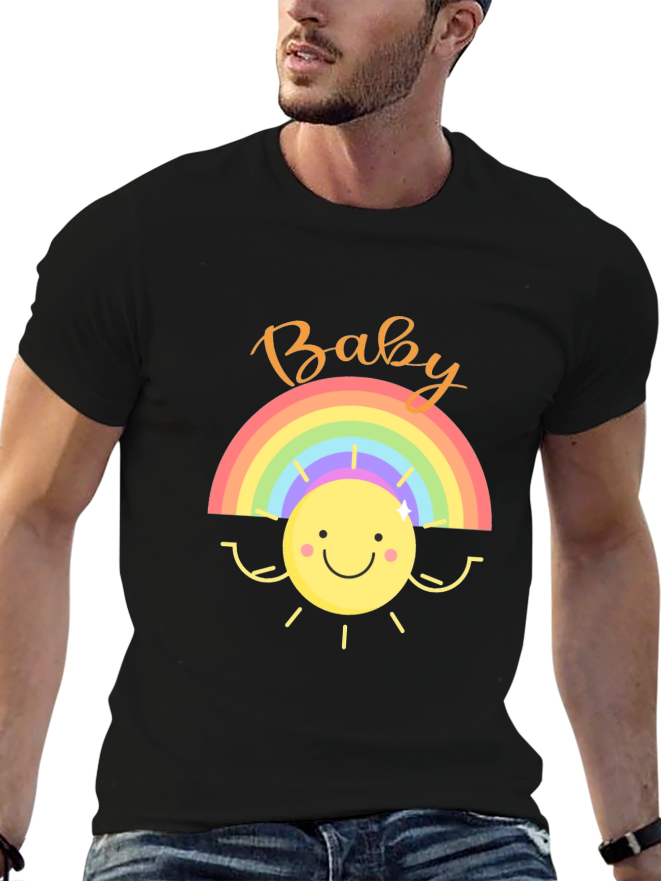 Baby Rainbow Sun Graphic Tee - Black Cotton Shirt