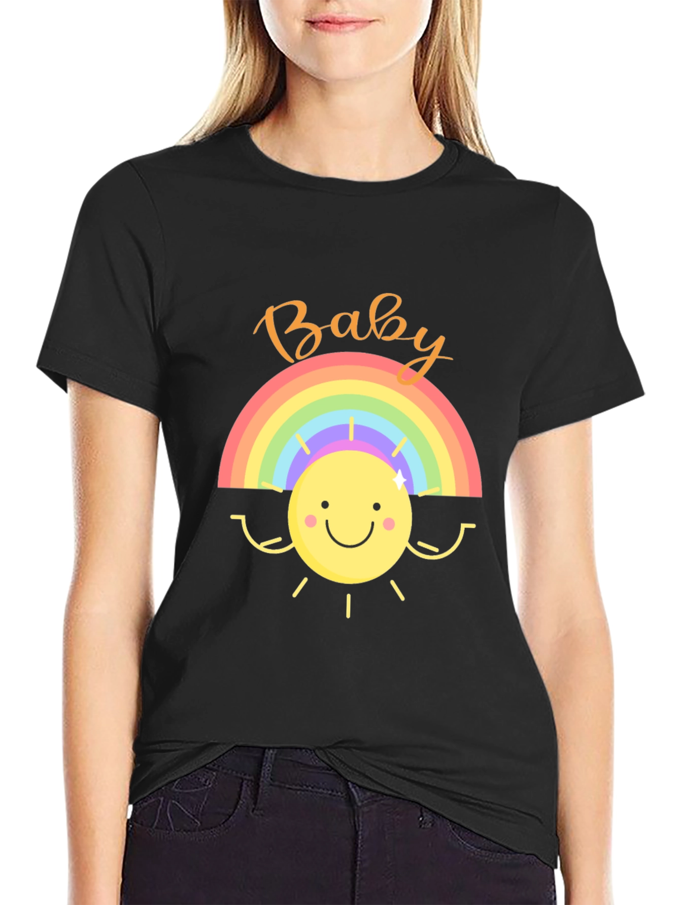 Baby Rainbow Sun Graphic Tee - Black Cotton Shirt
