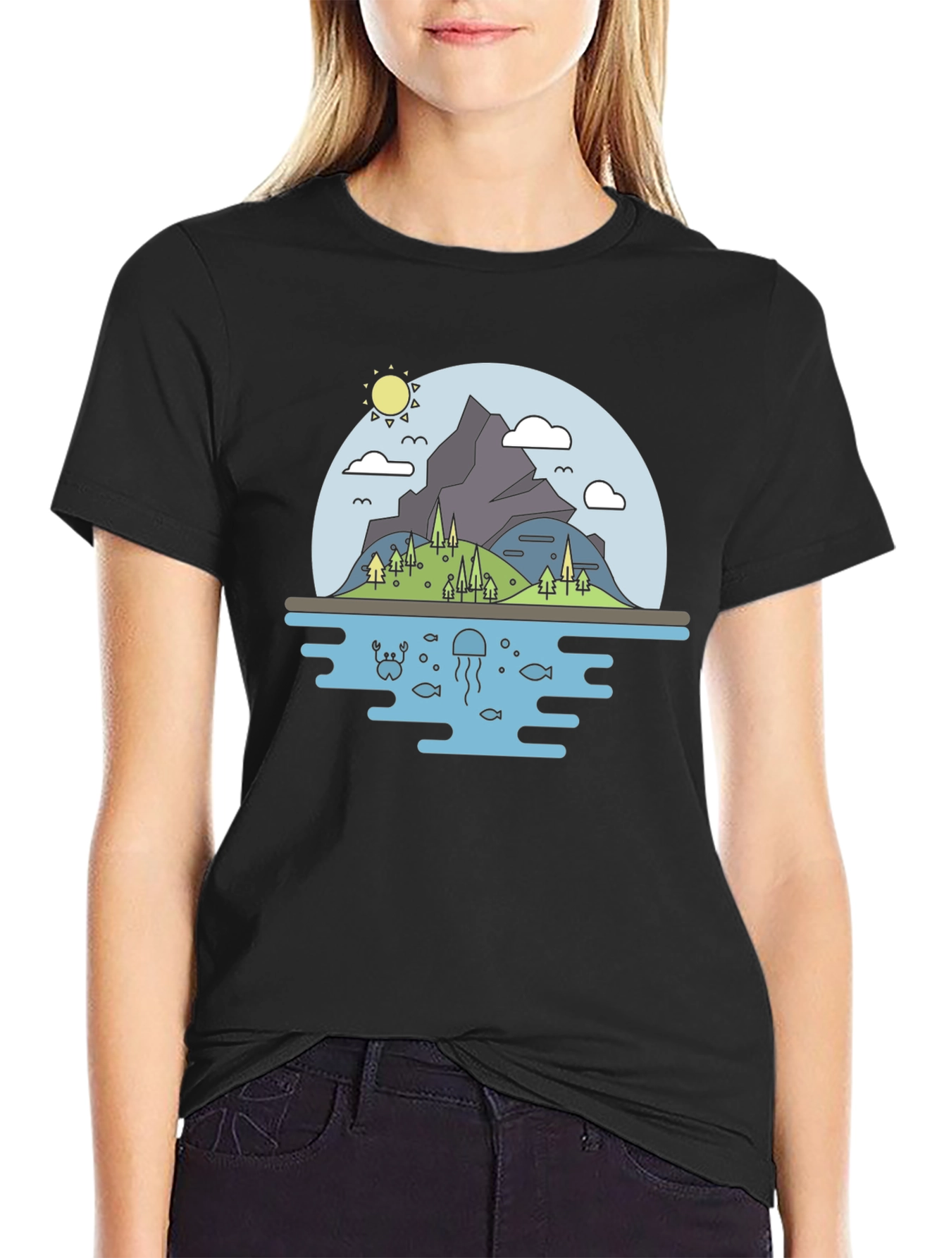 Nature Graphic Tee - Mountain & Sea Black T-Shirt