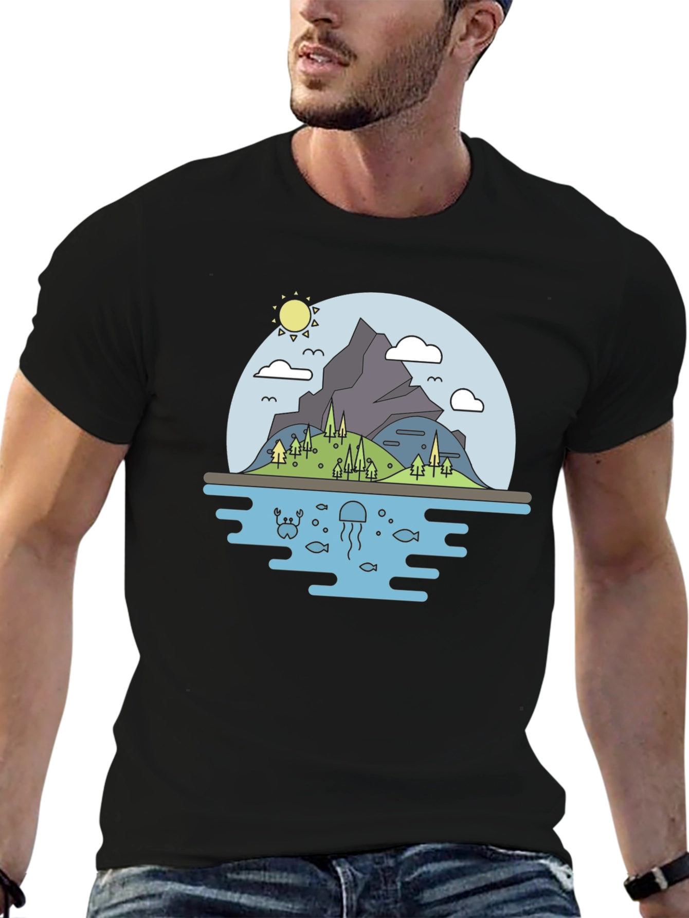 Nature Graphic Tee - Mountain & Sea Black T-Shirt