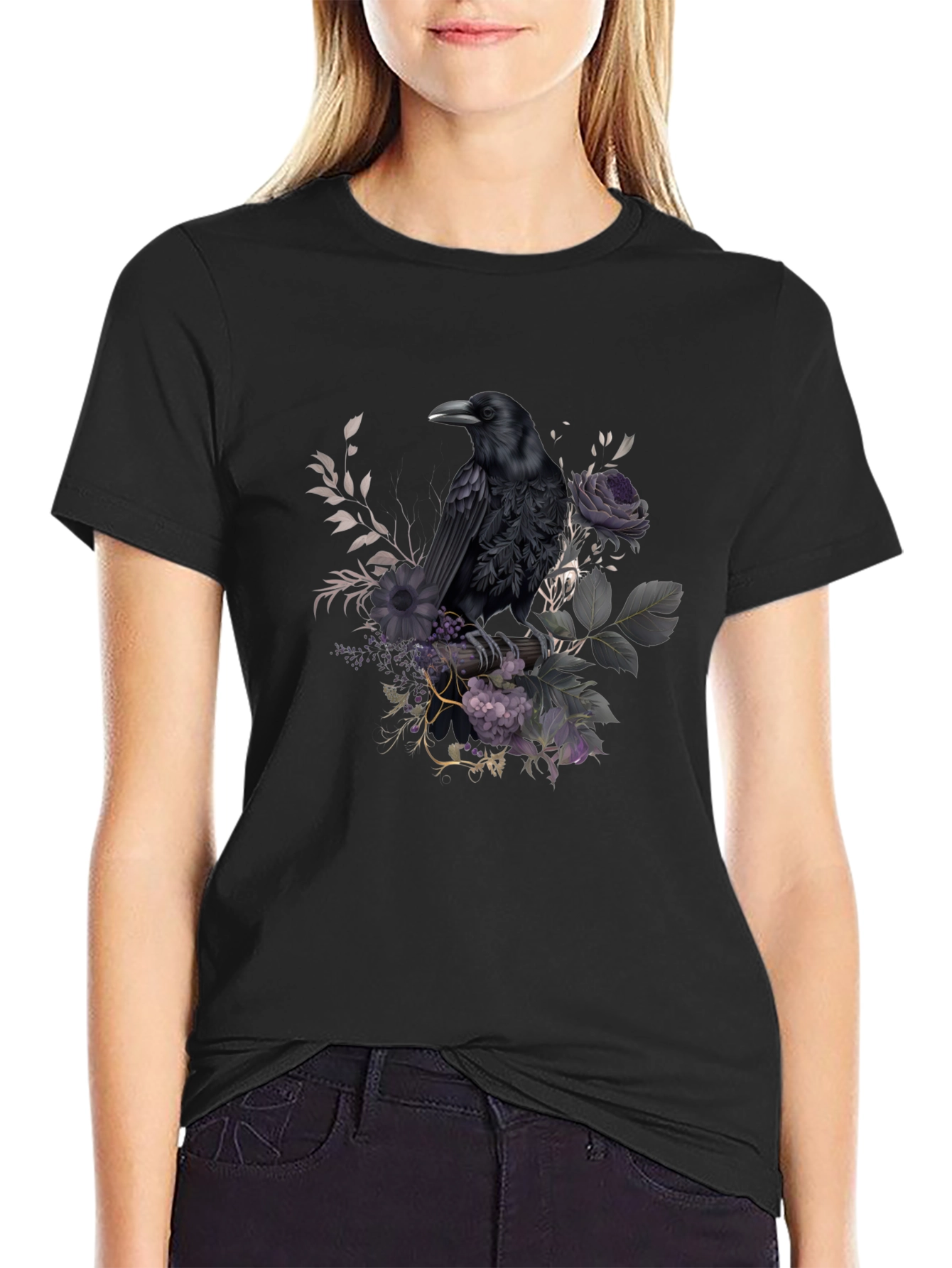 Raven Floral T-Shirt - Dark Gothic Design
