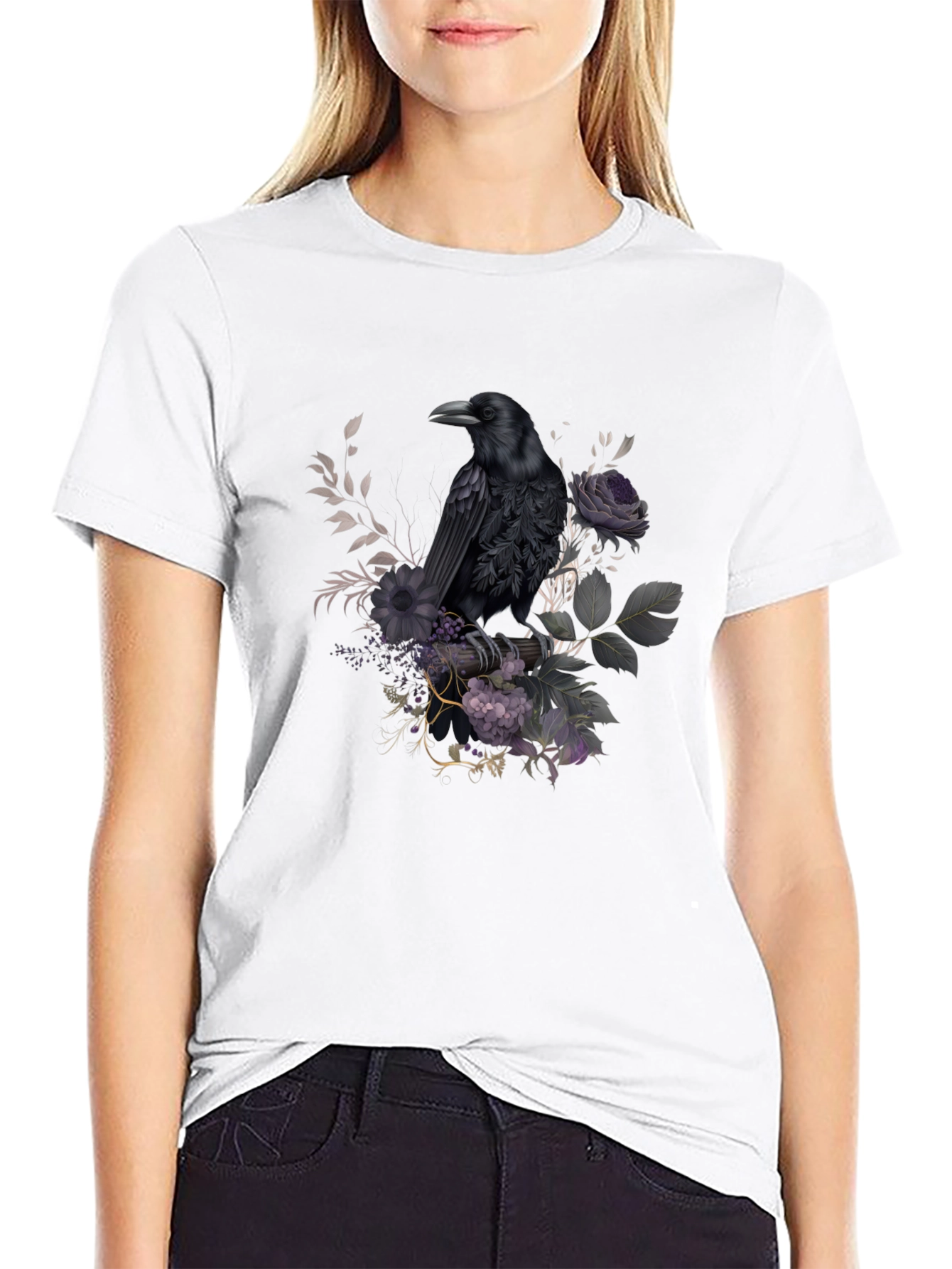Raven Floral T-Shirt - Dark Gothic Design