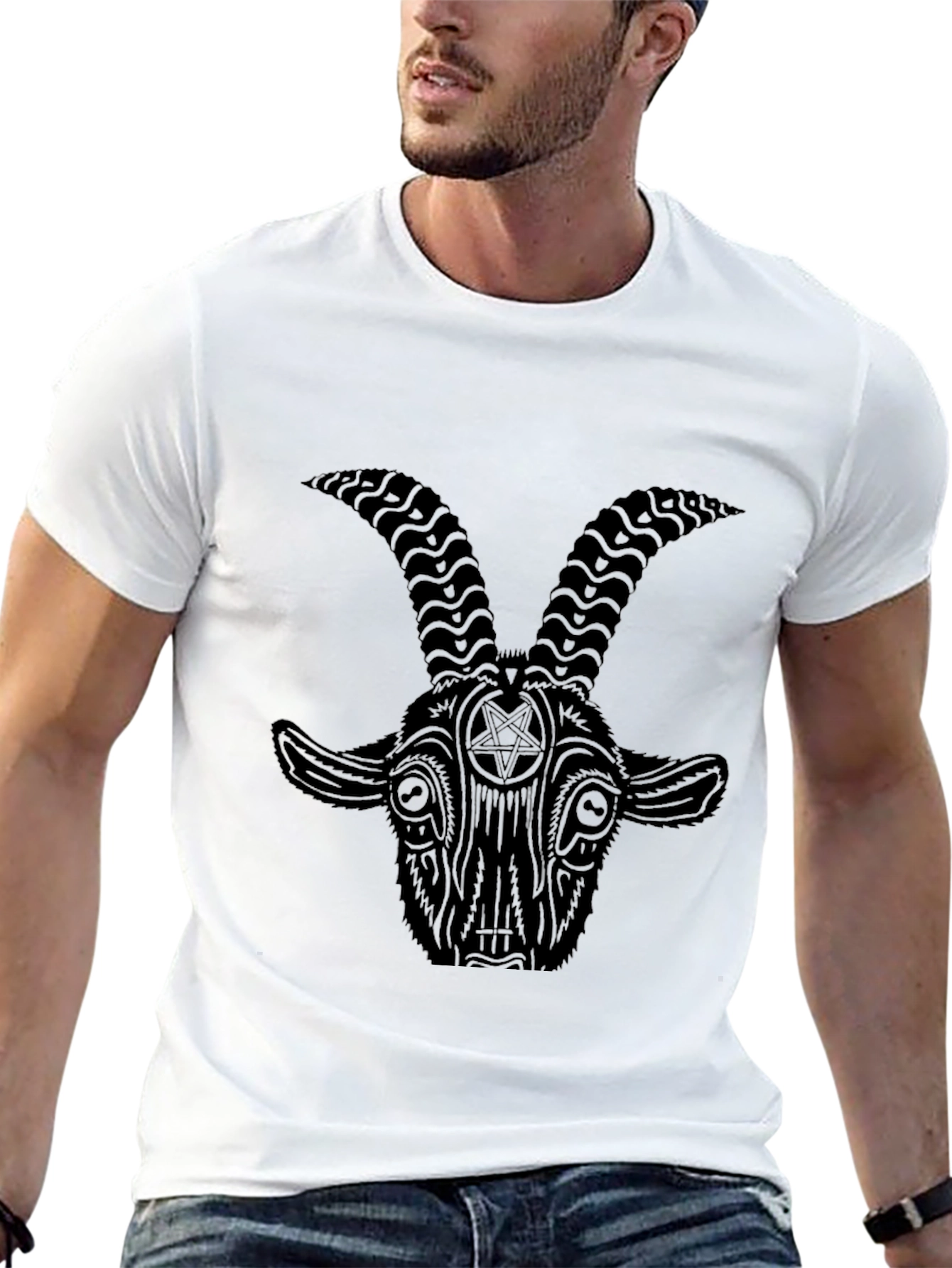Baphomet Goat Head Graphic Print Black T-Shirt