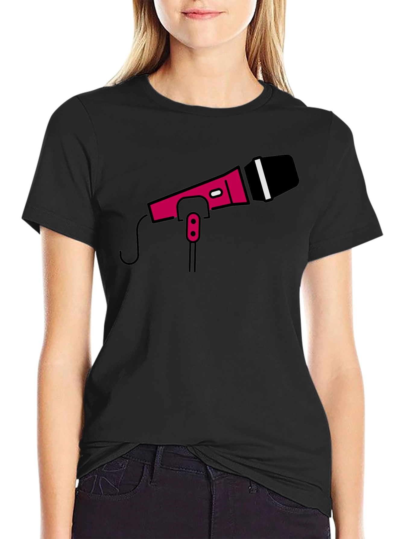 Retro Microphone Graphic Tee - Black Crew Neck