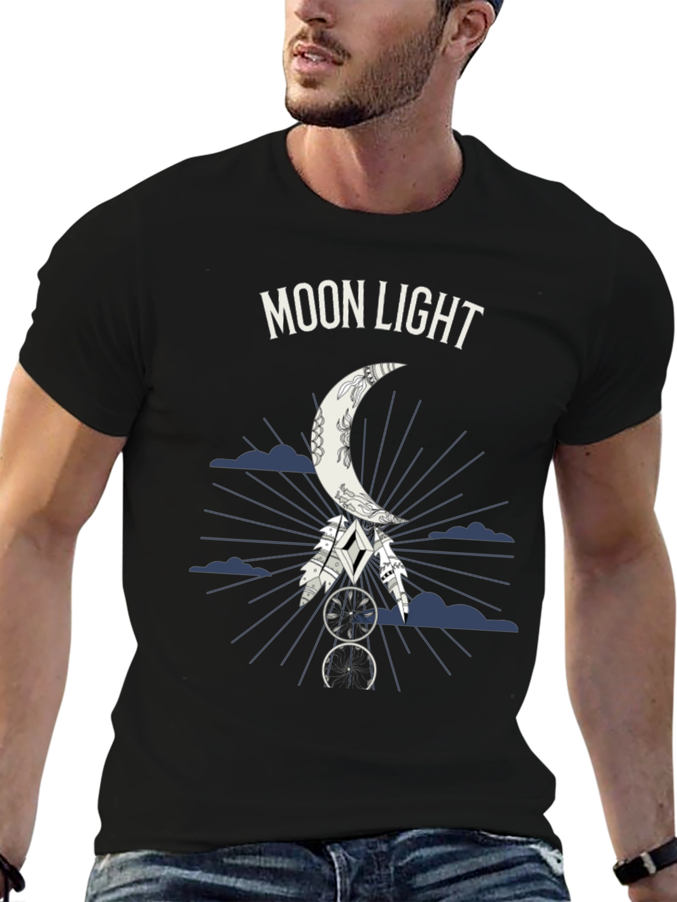 Moonlight Graphic Tee - Dreamcatcher Design - Black T-Shirt