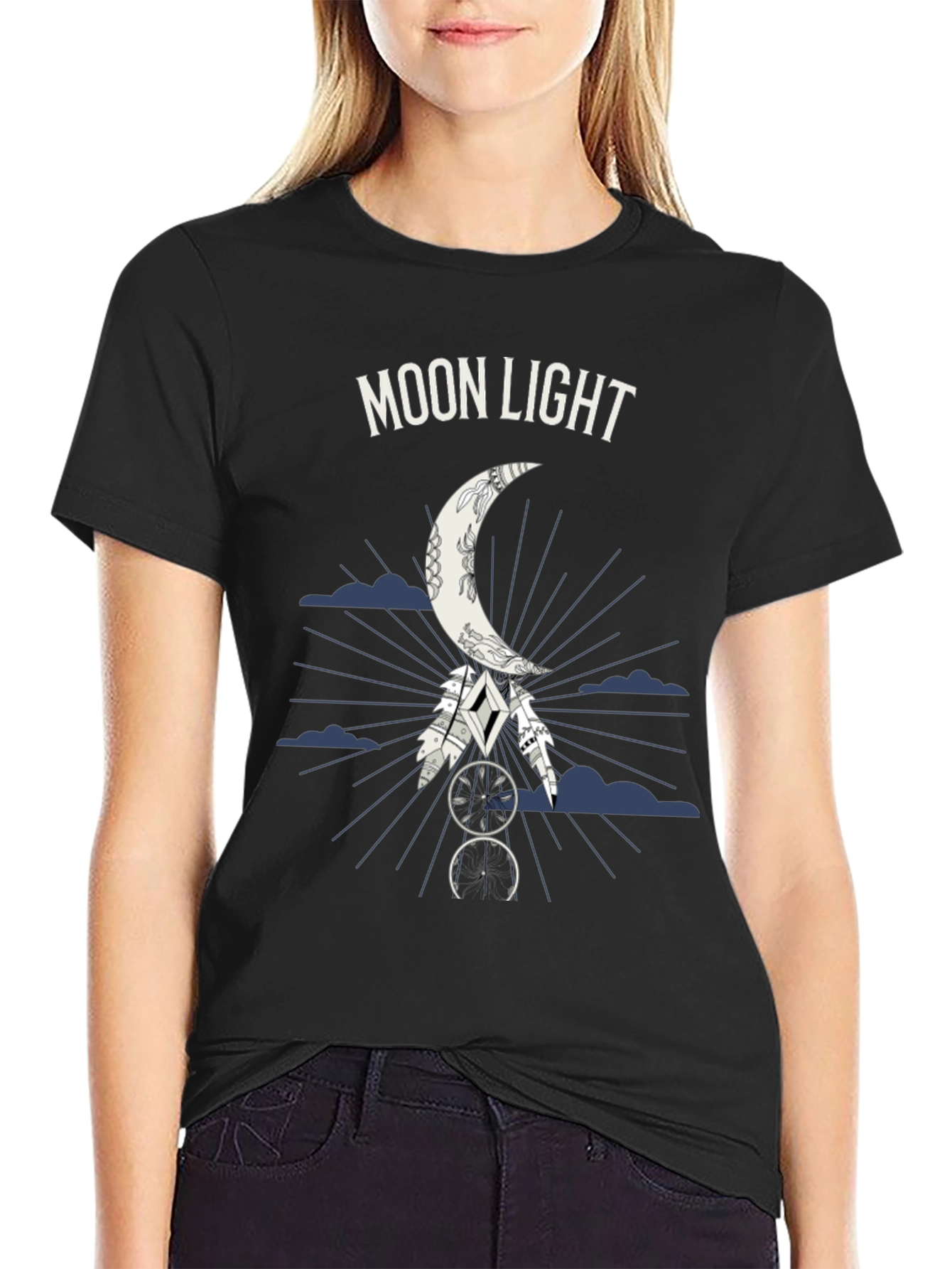 Moonlight Graphic Tee - Dreamcatcher Design - Black T-Shirt