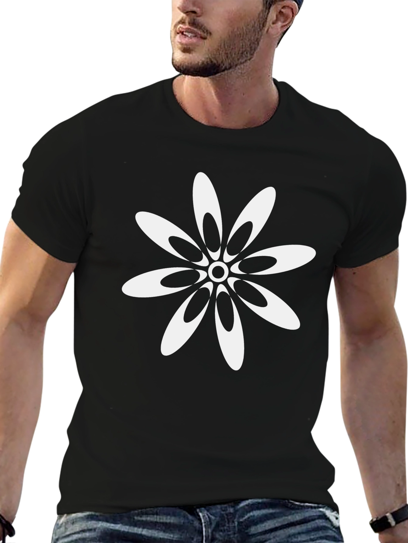 Black T-Shirt with White Flower Design