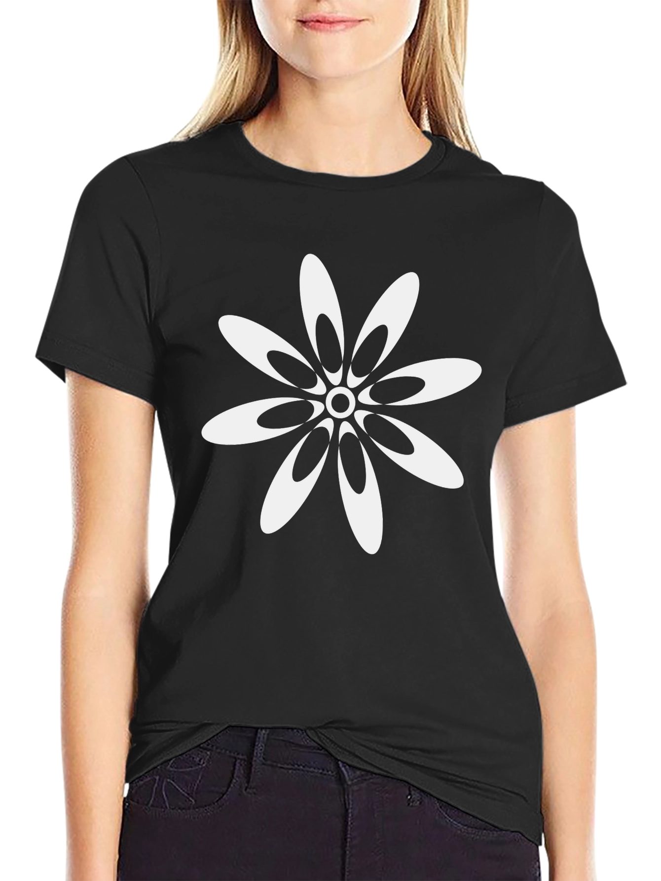 Black T-Shirt with White Flower Design