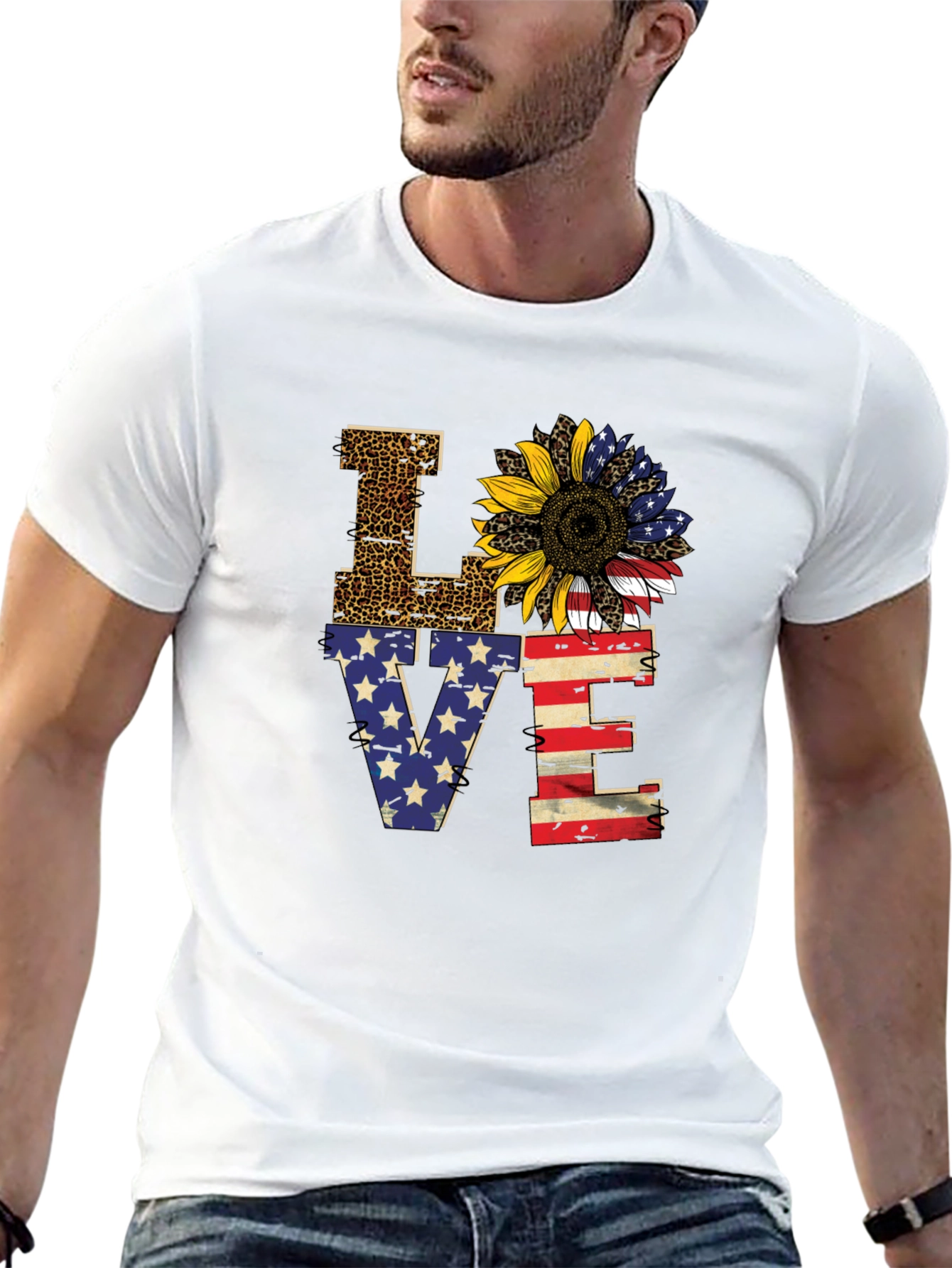 Patriotic LOVE Sunflower Graphic T-Shirt