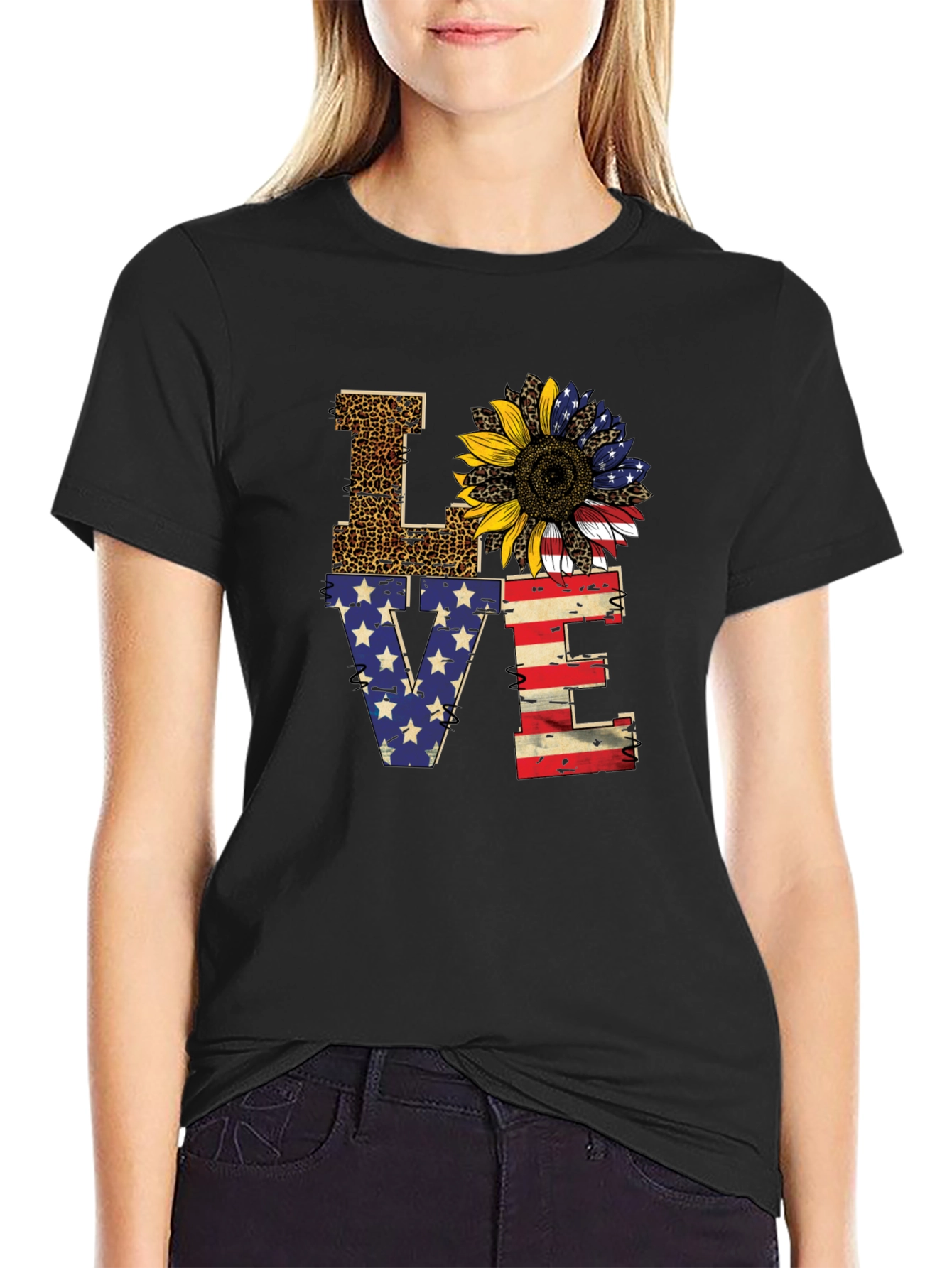 Patriotic LOVE Sunflower Graphic T-Shirt