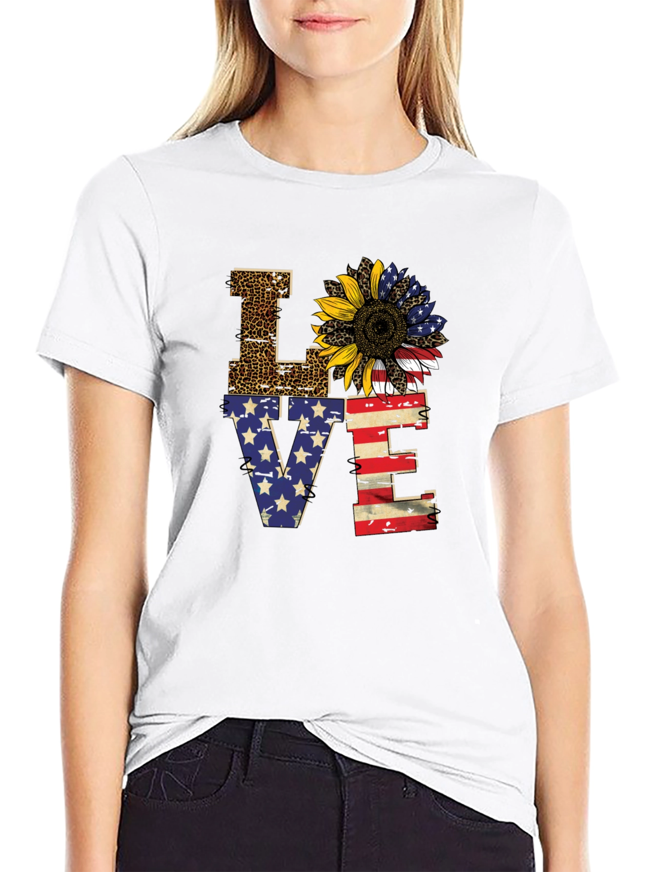 Patriotic LOVE Sunflower Graphic T-Shirt
