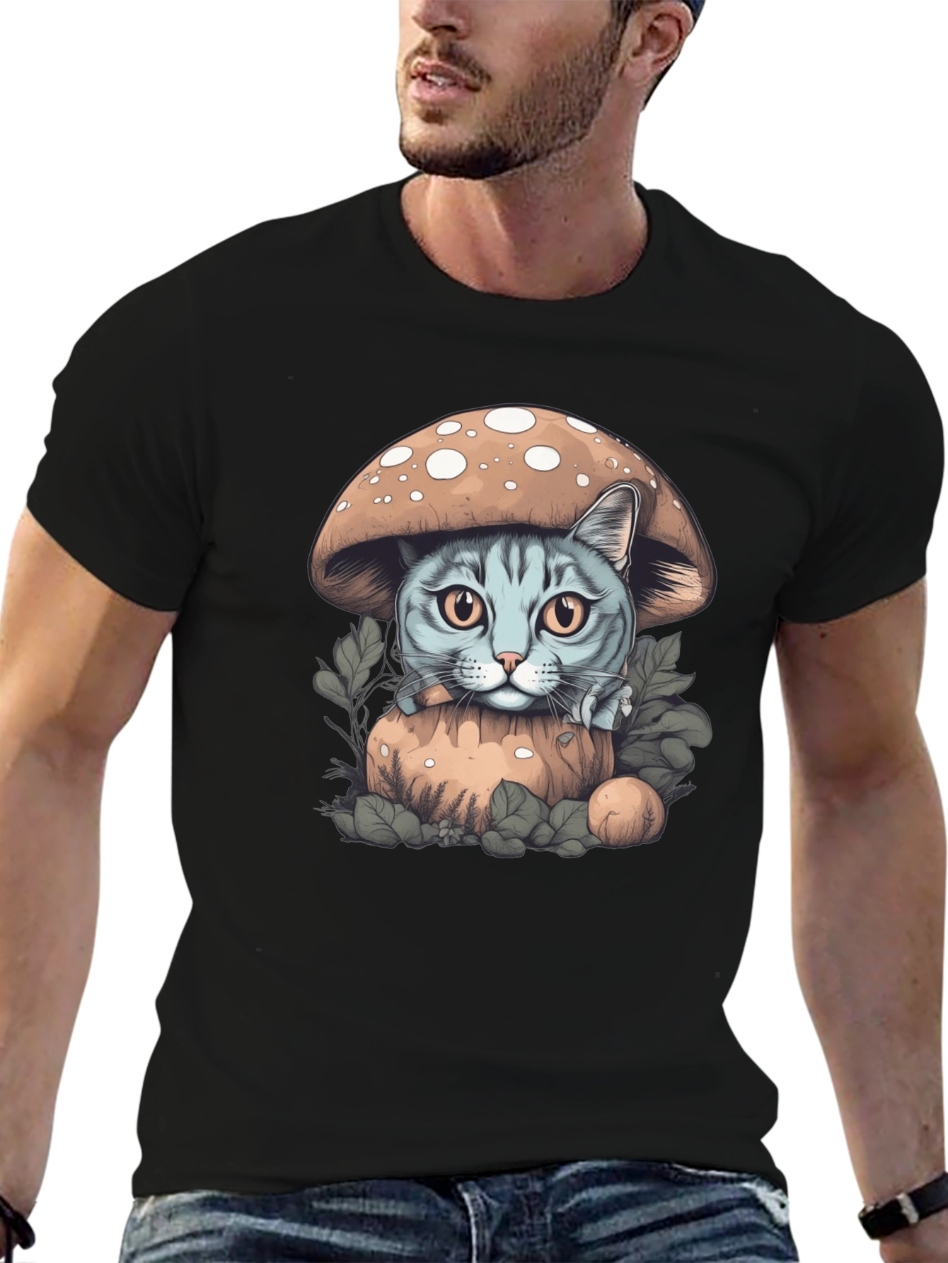 Mushroom Cat Graphic Tee - Novelty Shirt