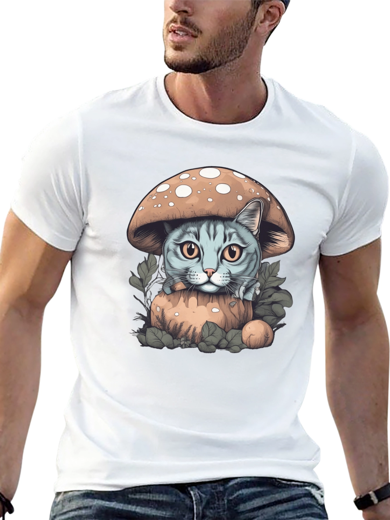 Mushroom Cat Graphic Tee - Novelty Shirt