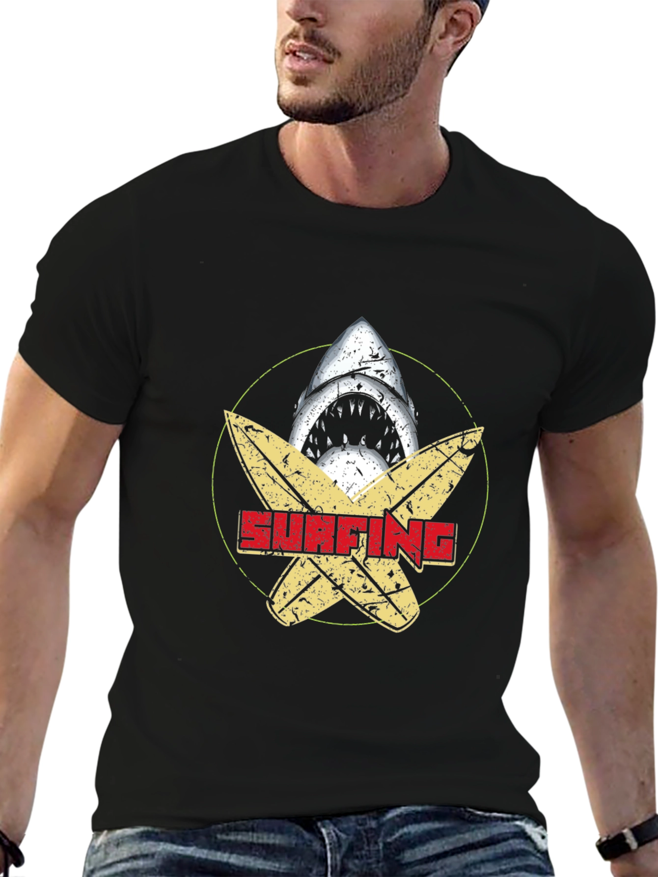 Surfing Shark Graphic Tee - Black Cotton