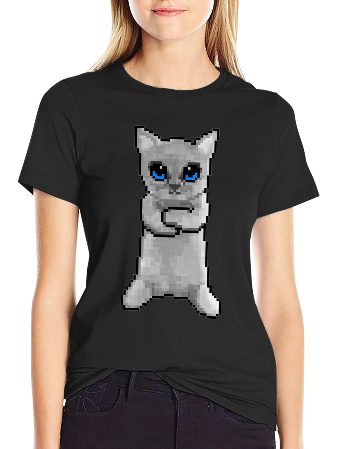 Pixel Cat Black T-Shirt - Novelty Graphic Tee
