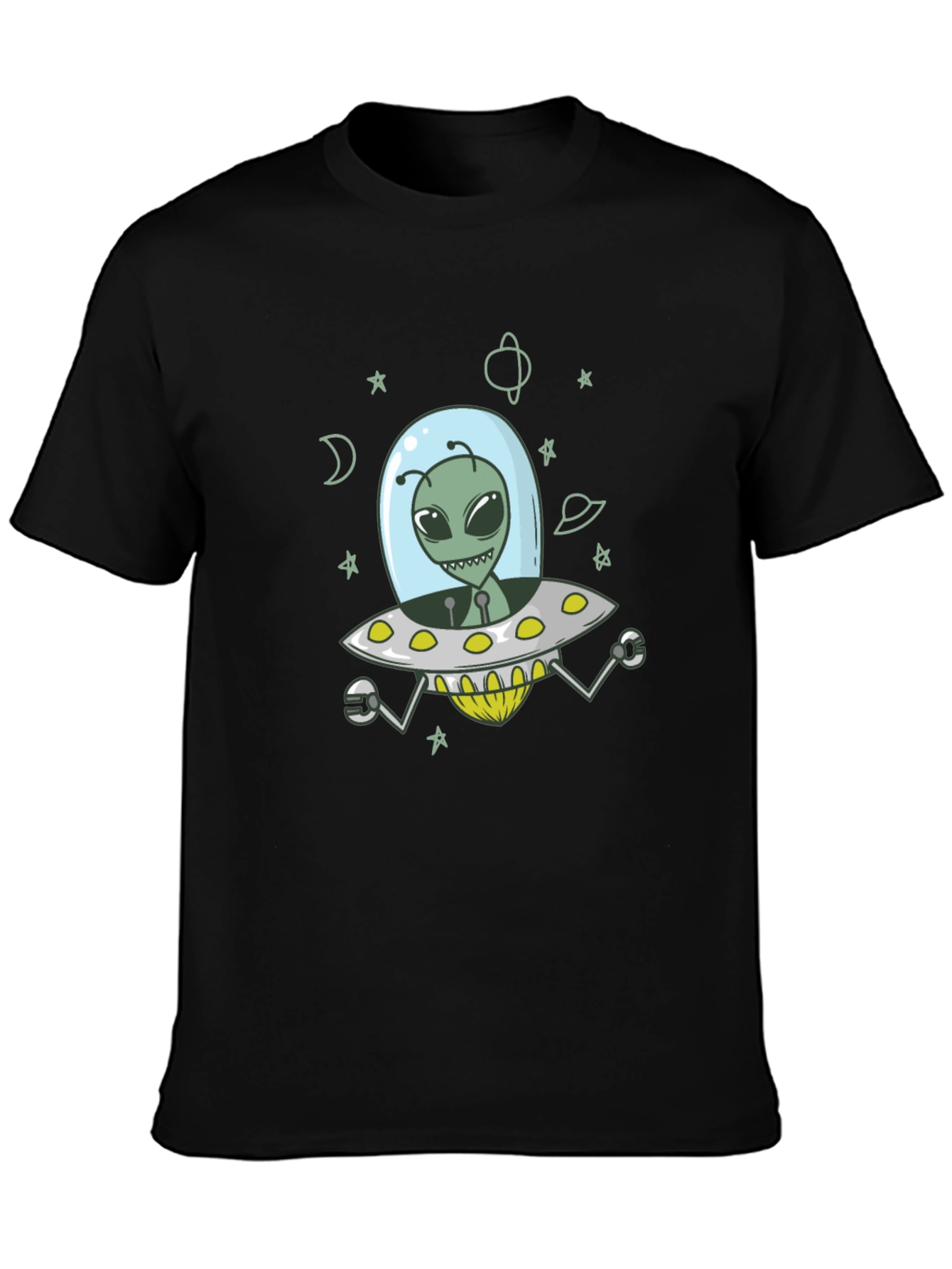 Alien UFO Graphic Tee - Black Cotton T-Shirt