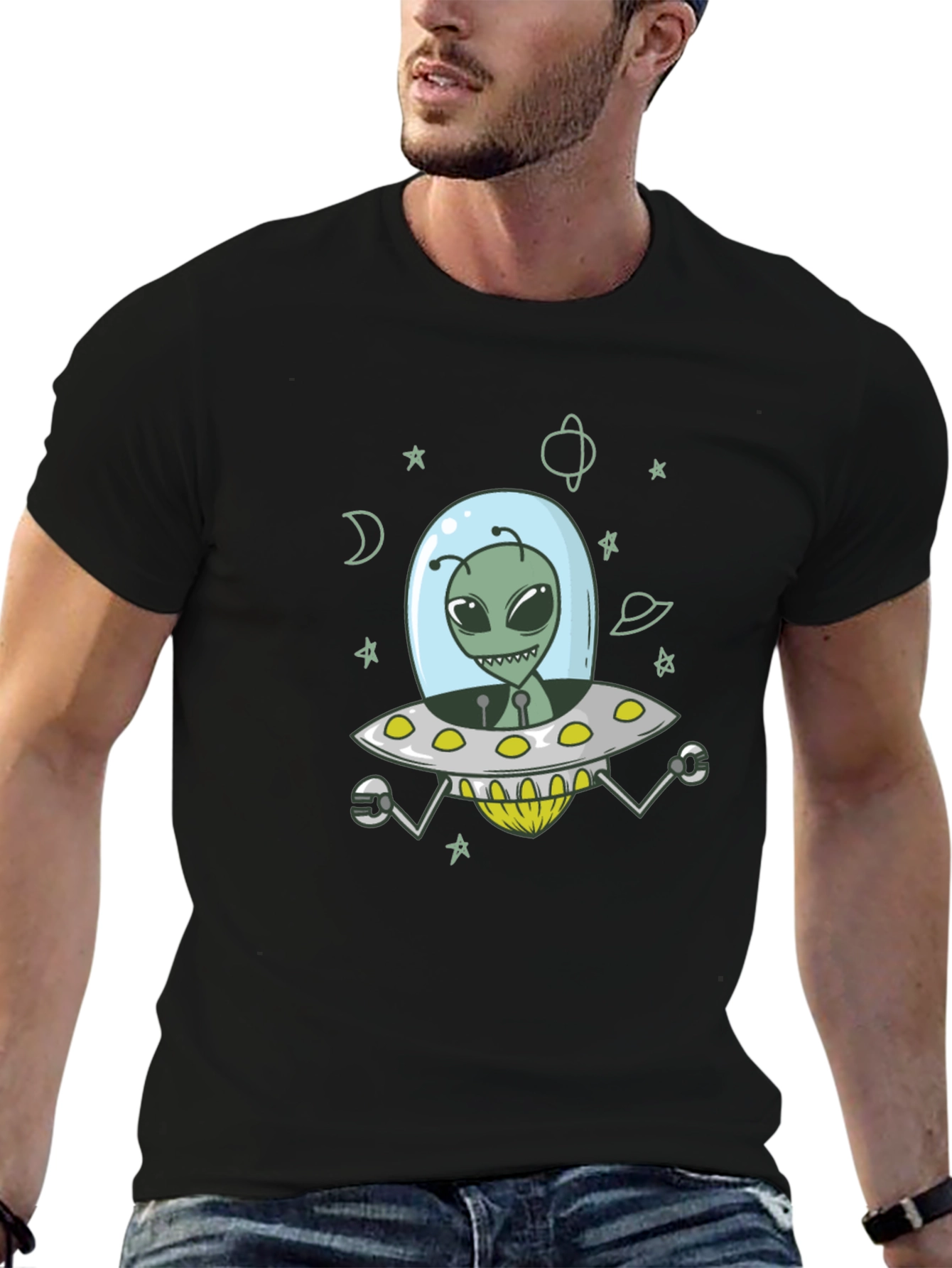 Alien UFO Graphic Tee - Black Cotton T-Shirt