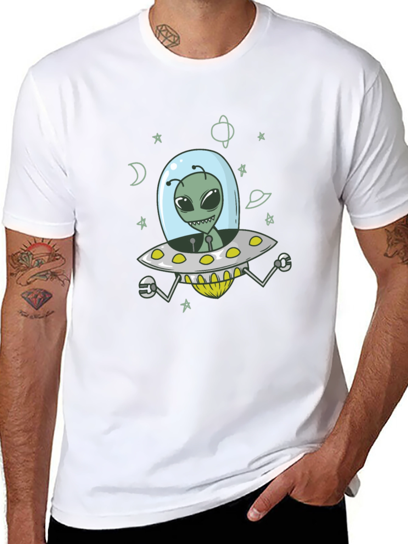 Alien UFO Graphic Tee - Black Cotton T-Shirt