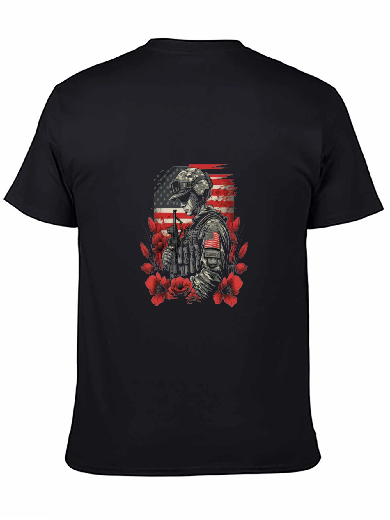 Patriotic Soldier Graphic Tee - American Flag Flower Design